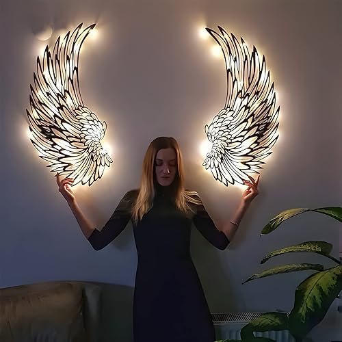 Miniatura 2 de 1 par de arte de pared de alas de ángel de metal con luces LED, alas de ángel 3D, decoración de pared para interiores, hogar, dormitorio, sala