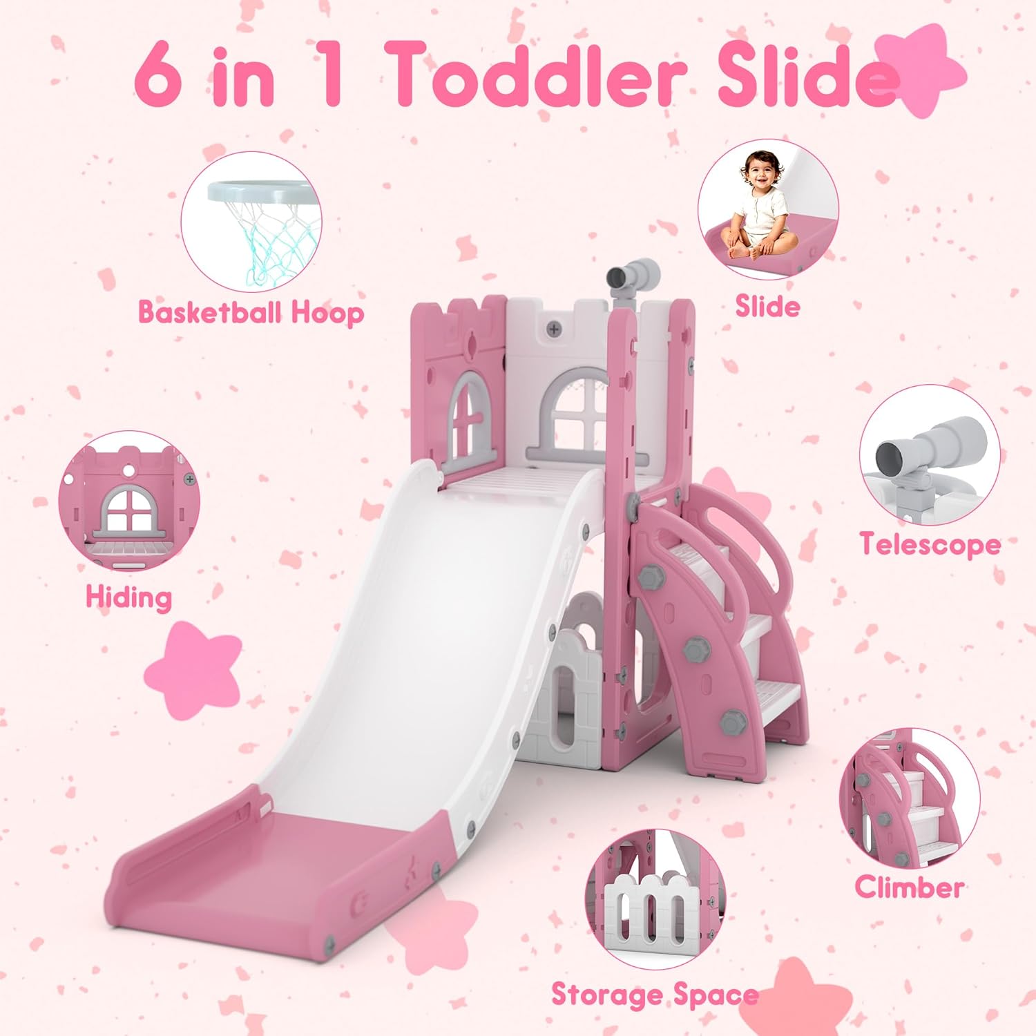 LulliSpace 6 in 1 Toddler Slide,Kids Playset for Toddlers Indoor Outdoor, Baby Slide with Basketball Hoop, Telescope & Storage Space,Non-Slip Steps for Great Gift