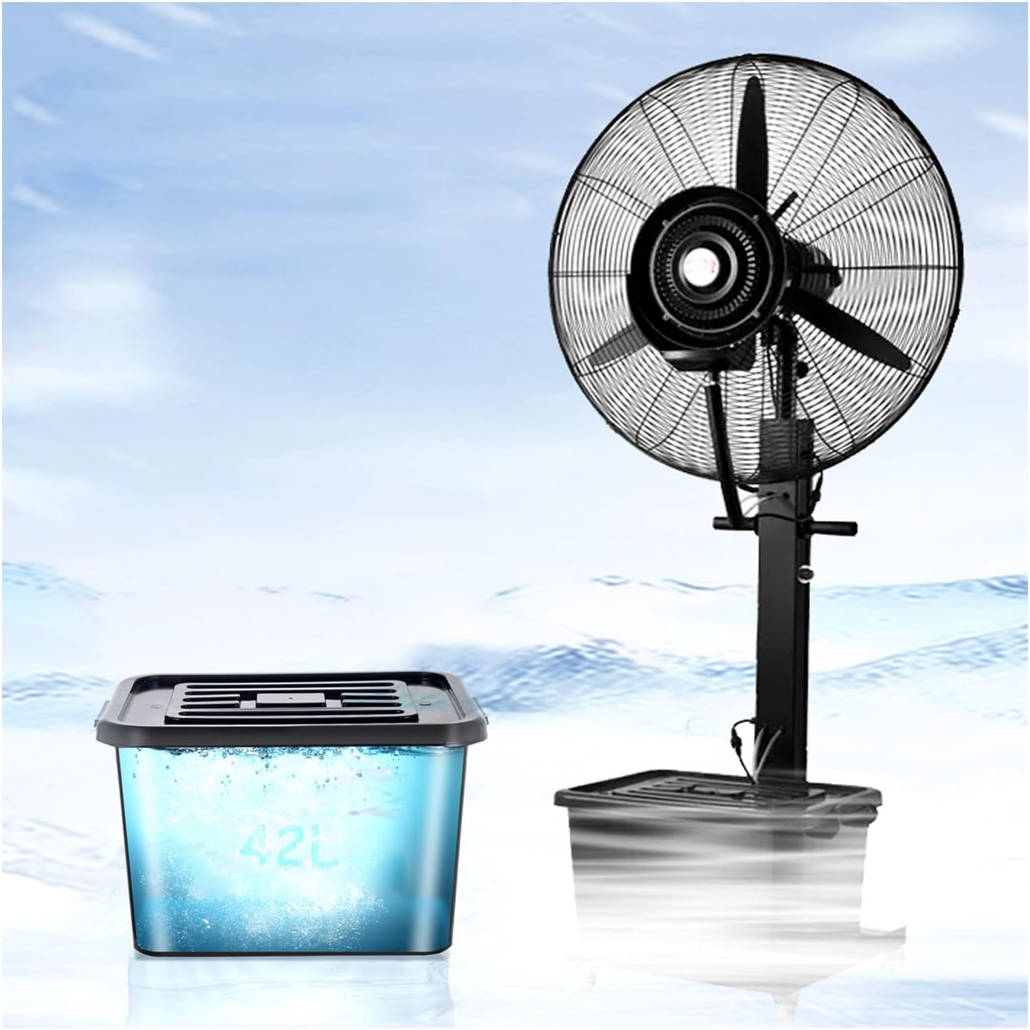 Oscillating Misting Fan Industrial Floor Fan Portable Spray Fan 3 Strong Winds For Greenhouse Factory Workshop With 42L Water Tank(30in)