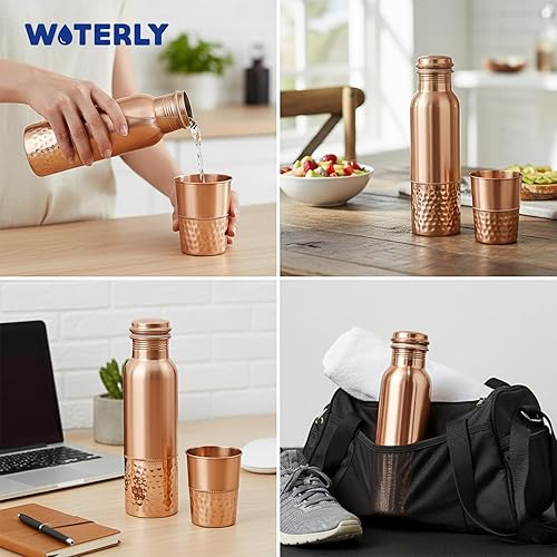 Miniatura 28 de Botella de agua de cobre martillado (34 onzas / 33.8 fl oz) con juego de 2 vasos (10 onzas cada uno) El mejor uso para oficina, gimnasio y regalos