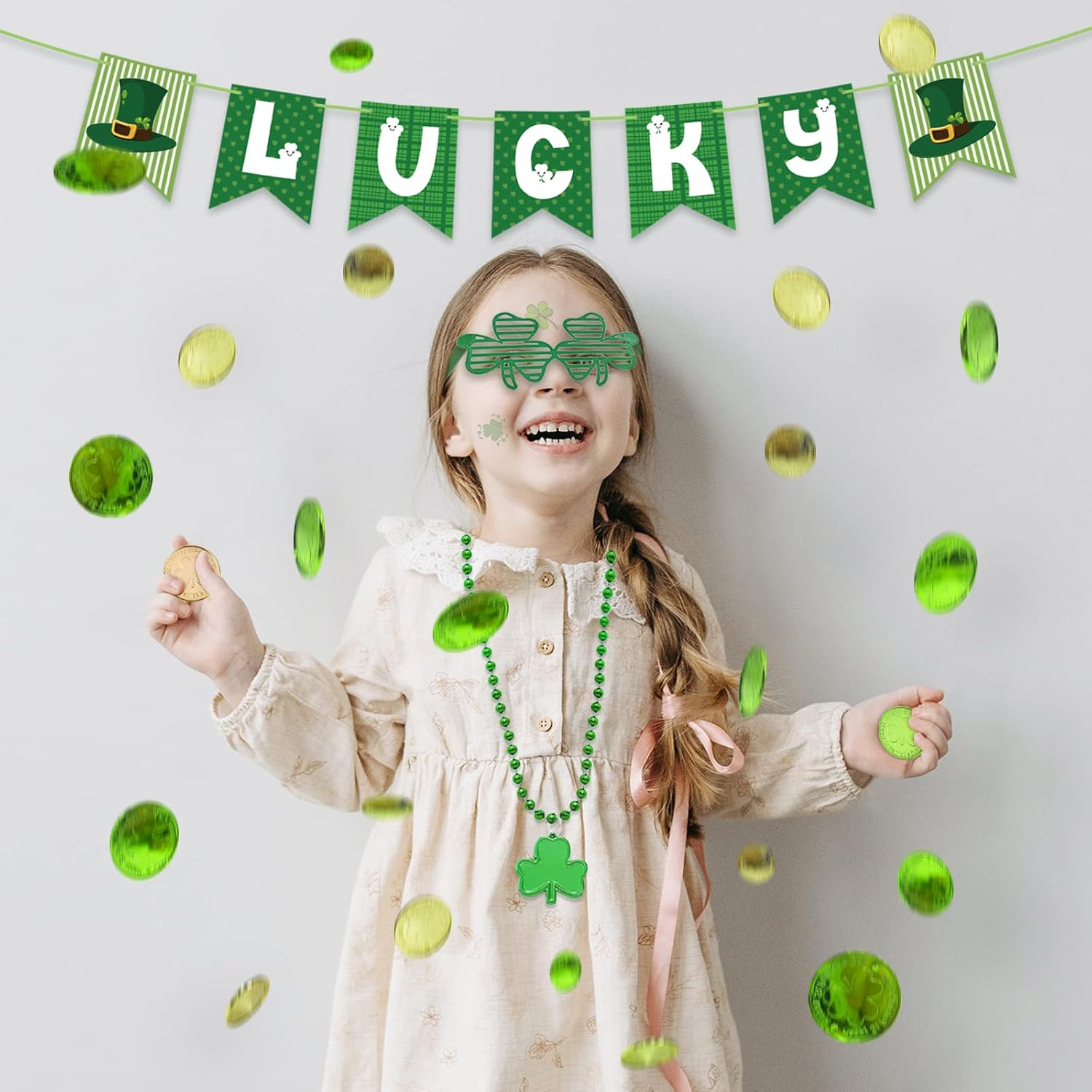 Labrostar 132Pcs St. Patricks Day Accessories Party Favors Shamrock Glasses Necklaces Green Gold Coins Tattoos for Irish St Patrick's Day Decorations Supplies