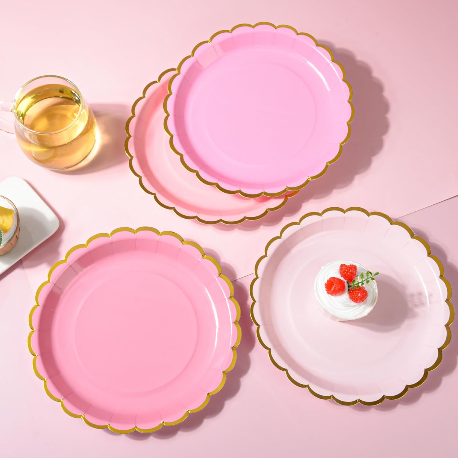 Pink Scalloped Party Plates Gold Foil Border Paper Plates Valentines Day Disposable 9inch Gradient Serving Plates for Birthday Wedding Bridal Baby Shower Party Supplies (24, Pink) - Image 6