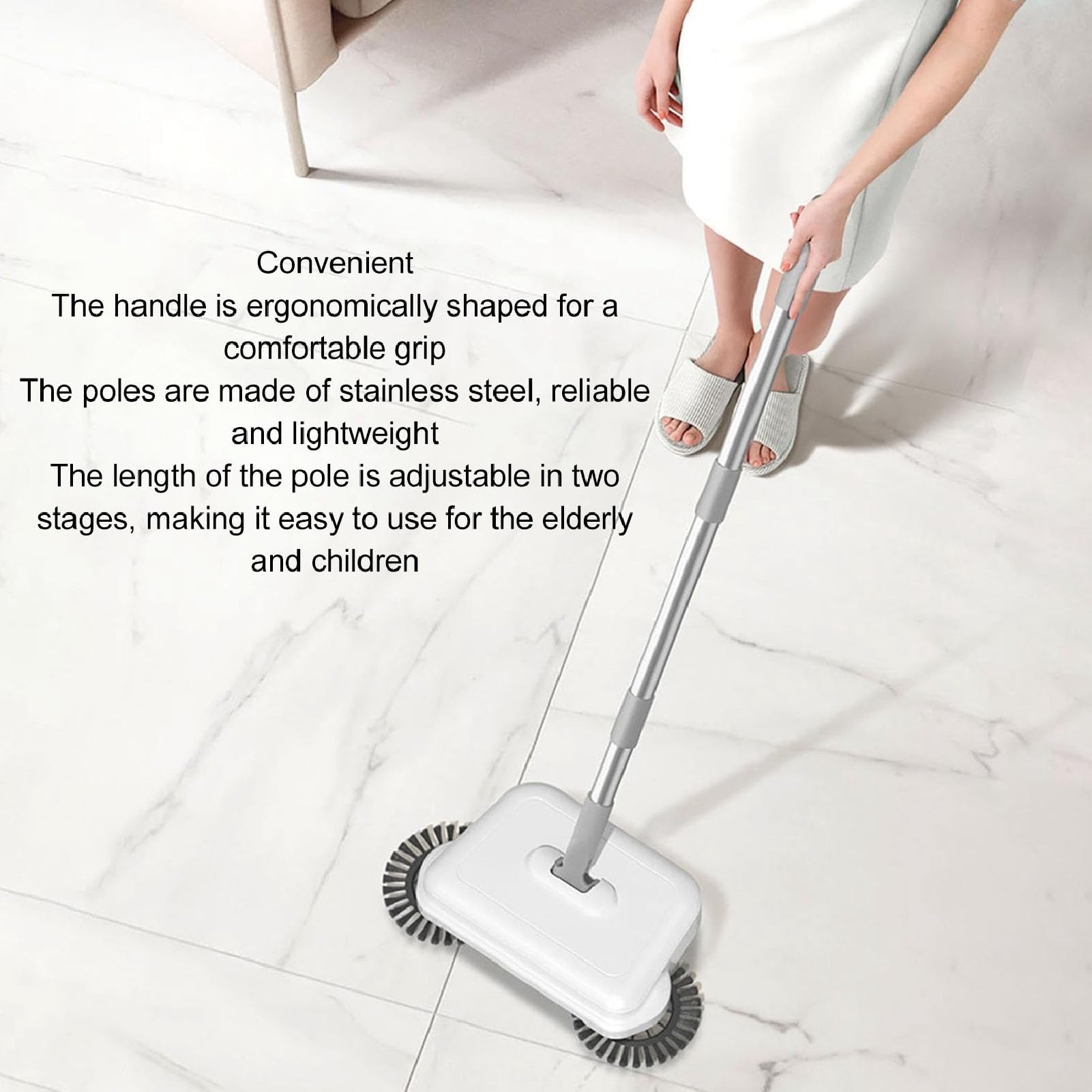 Escoba Manual de Empuje, Mopa de Limpieza de Pisos, Diseño Giratorio 360 Grados 2 en 1 Plegable Compacto para Uso en Seco y Húmedo, Mango de Acero Inoxidable con Cerdas Suaves y Gr