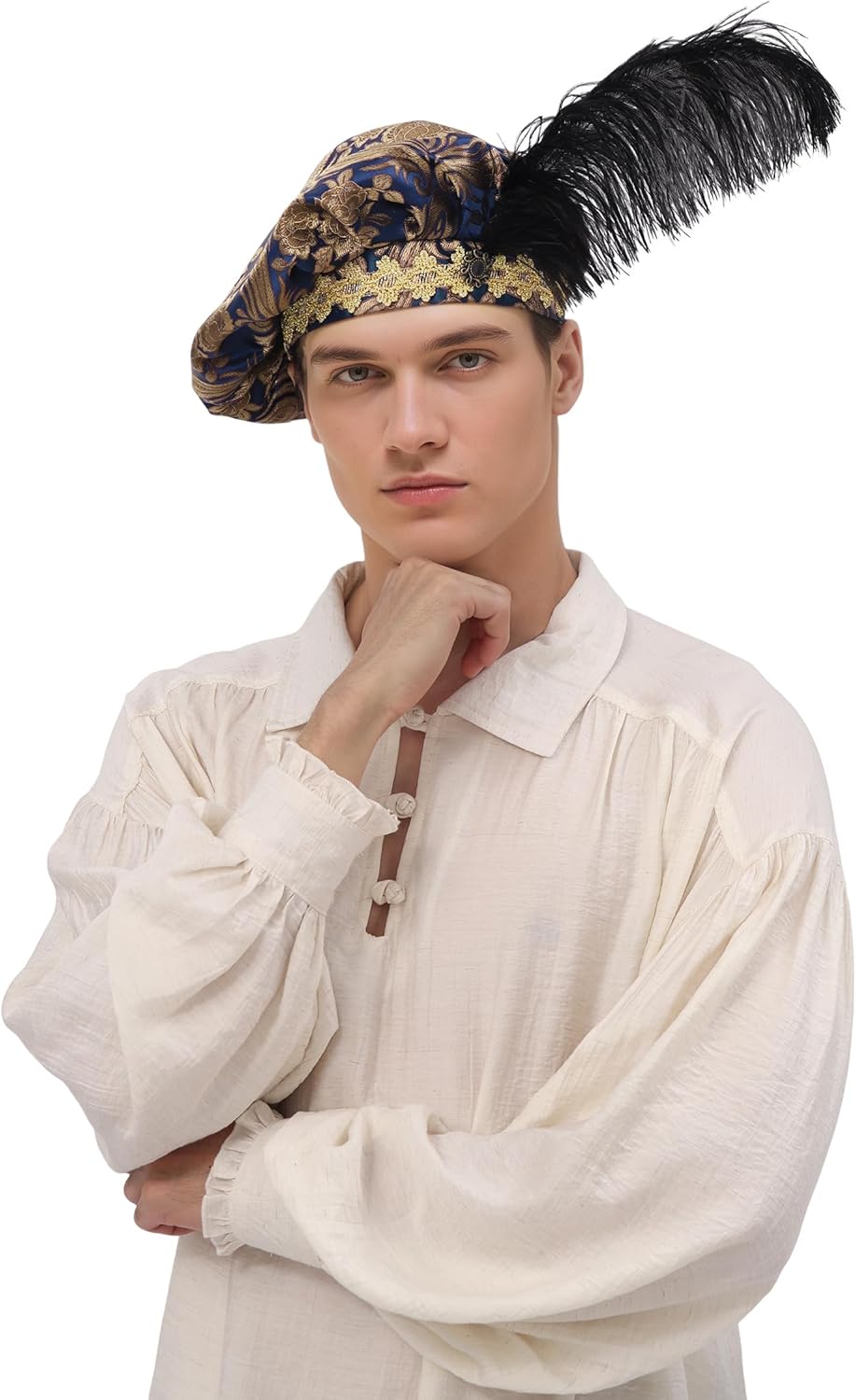 PROCOS Renaissance Tudor Flat Beret Hats with Feather Mens French Beret Hats Painter Cap Classic Medieval Costume