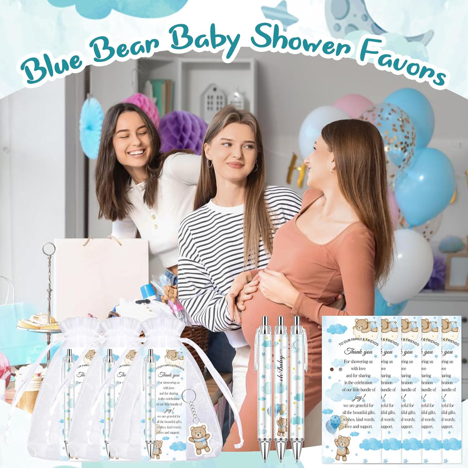 145Pcs Baby Shower Favors for Guest Blue Bear Ballpoint Pens Retractable Baby Shower Pens with Greeting Thank You Cards Keychains Organza Bags for Gender Reveal Souvenirs Prizes Return Gifts