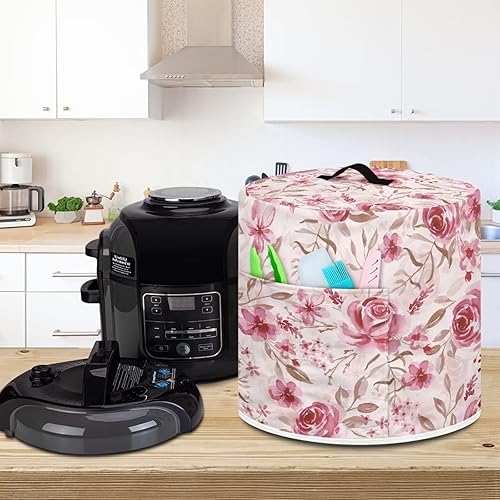 Miniatura 3 de Suobstales Funda para olla a presión con estampado de flores rosas, funda lavable para electrodomésticos de cocina con asa superior y bolsillo para
