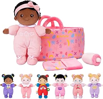 OUOZZZ Soft Black Baby Doll with Carrying Case and Doll Accessories, 25cm Rattle Rag Dolls for Girls - Birthday for Girls