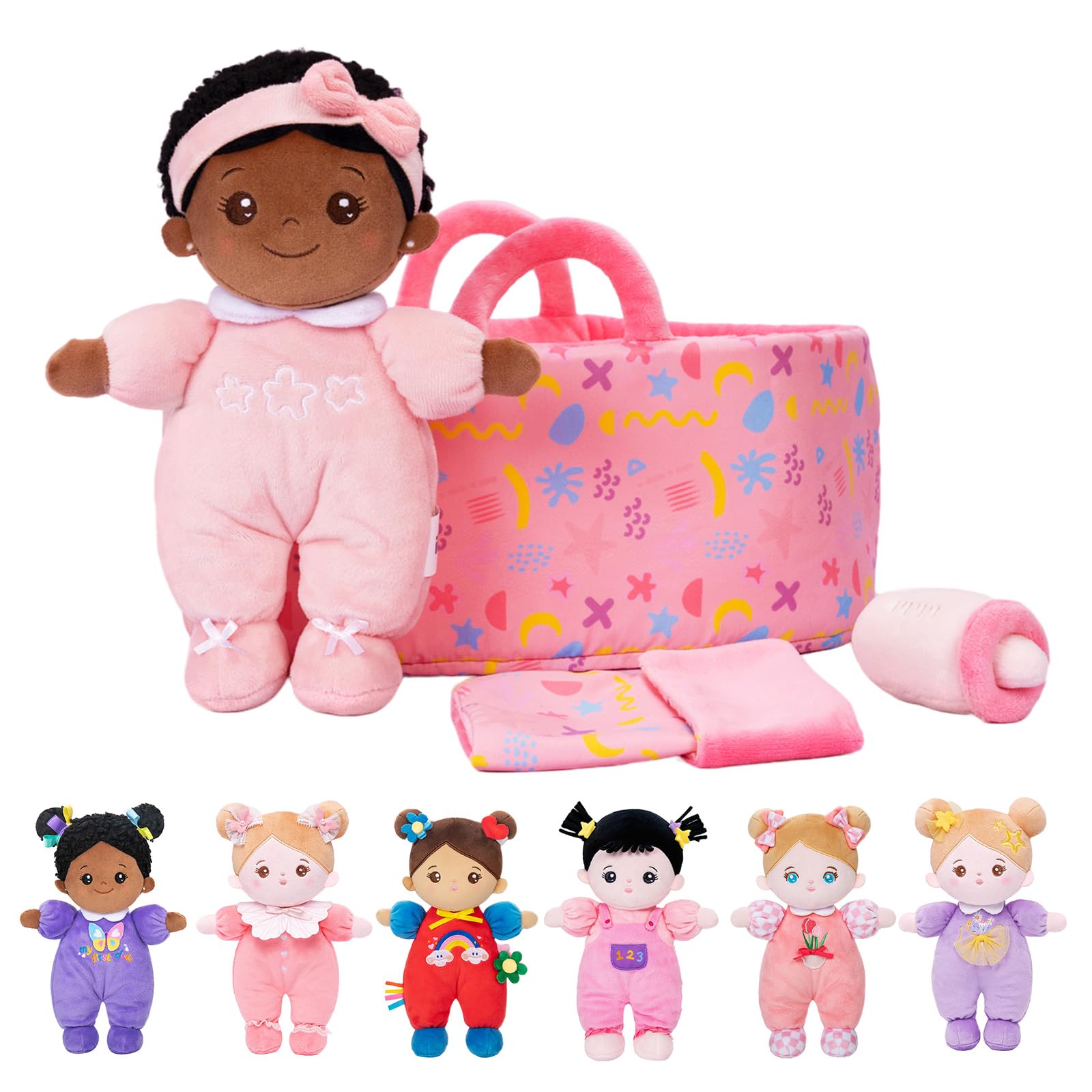OUOZZZBaby Soft Rag Doll with Carrying Case and Doll Accessories Pink, 25cm African Soft Doll Cuddly Doll for Children from 3 Months - Baby Gift for Birth Girls Boys