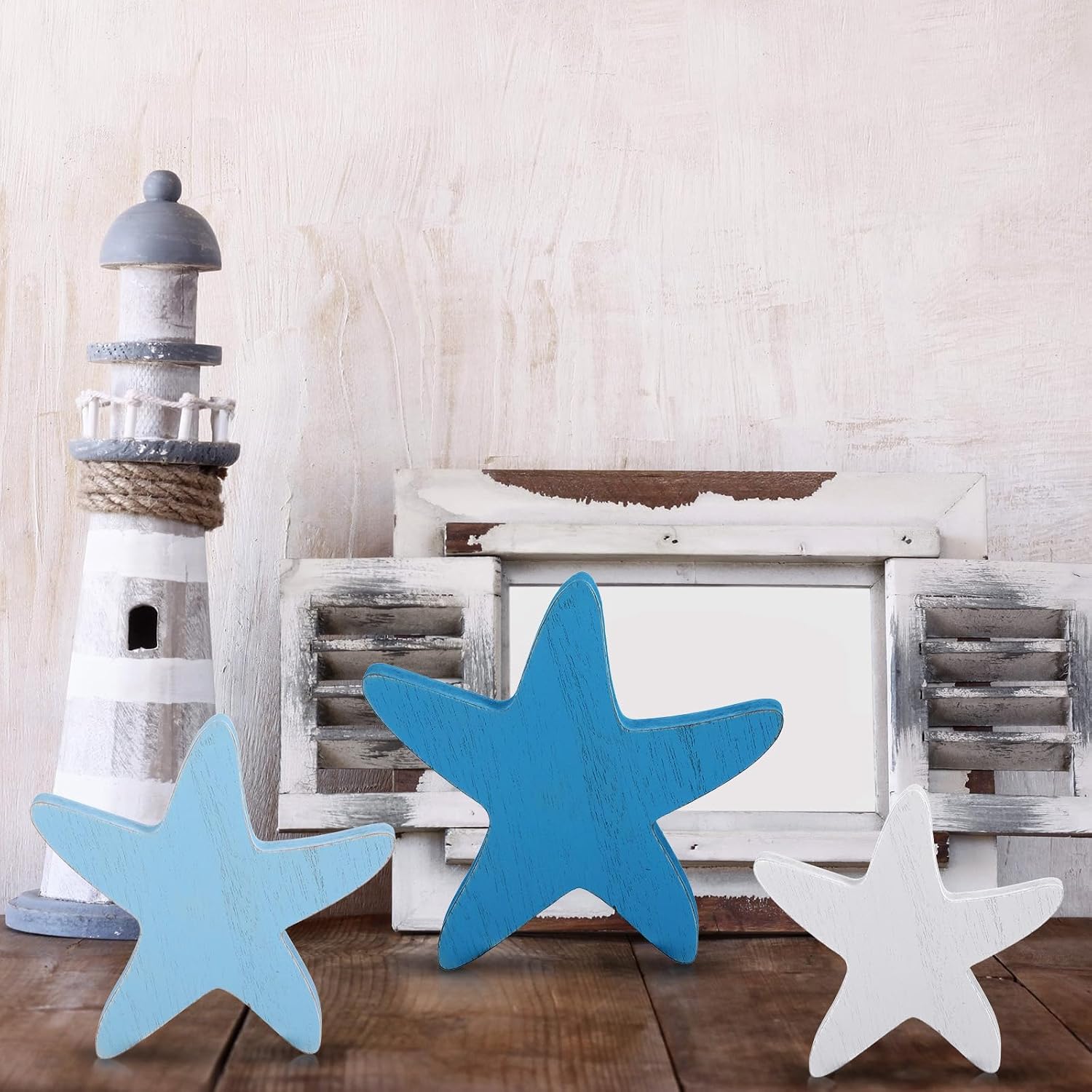 3 Pcs Beach Summer Table Decor Starfish Seashell Coastal Wooden Sign Ocean Tiered Tray Decor Rustic Nautical Table Centerpieces for Farmhouse Home Bedroom Office Desk Shelf Mantel