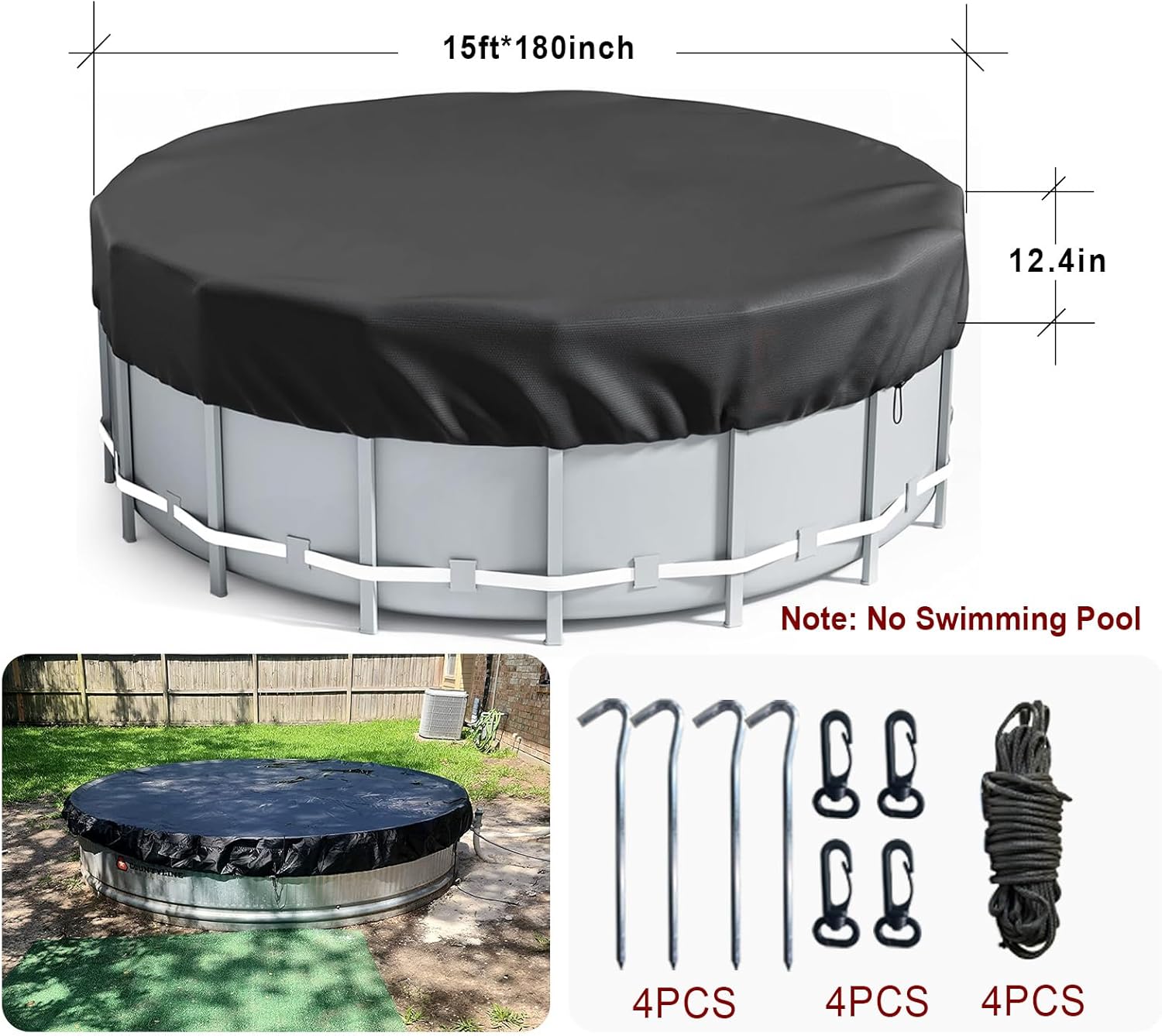 LunaSync 15 Ft Round Pool Cover with Storage Bag, Swimming Pool Cover for Above Ground Pools, Solar Cover Including Rope Tie and Ground Nails, PU Tarp Snug Fit for UV Protected, Black