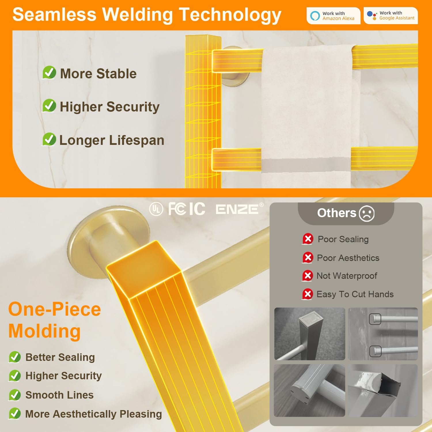 ENZE Smart Heated Towel Rack, 4-Bar Wall-Mounted Electric Towel Warmer 115W, Wi-Fi App Control & LED Touch Screen, Adjustable Temperature & 24H Timer, IPX5, Plug-in/Hardwired, Gold