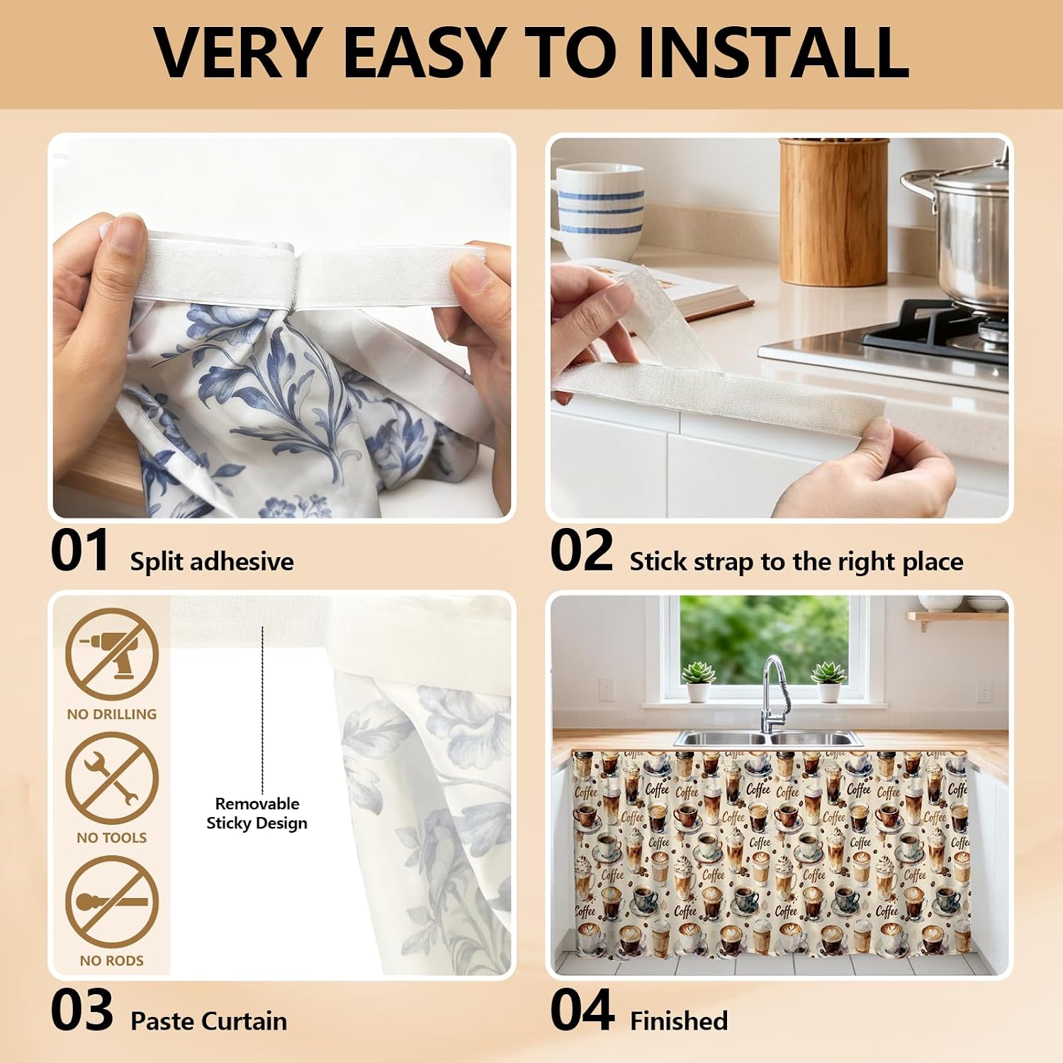 Cabinet Curtain Vintage Coffee Dust-Proof Window Shades Doorway Curtain Coffee Stains Dishwasher Hidden Curtains for Kitchen Under The Sink Room Living Room, Coffee Beans,51.18×27.55 Inch