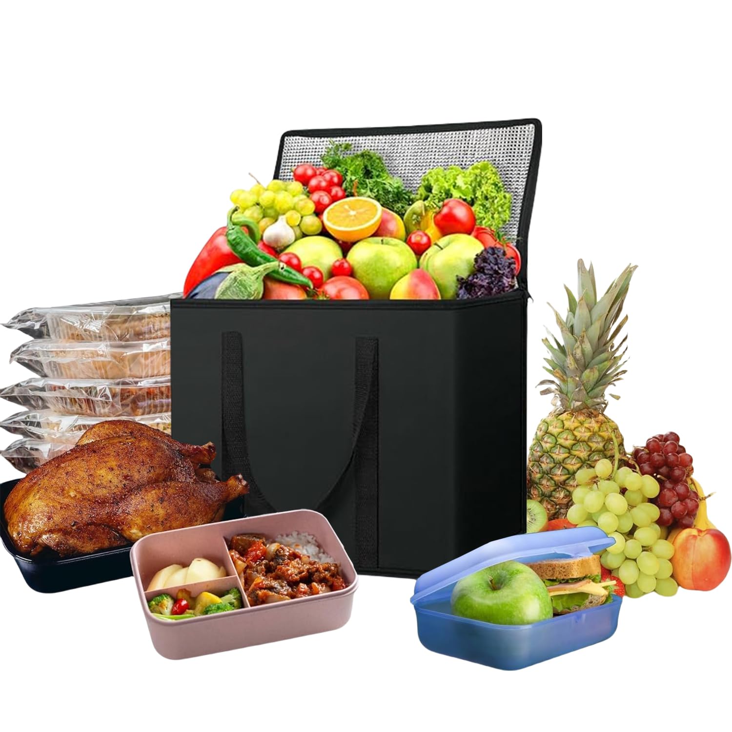 Sac isotherme pliable - 30 l - Grand panier isotherme pliable - Pour bureau, travail, extérieur, voyage - Idéal comme sac isotherme, panier à provisions, sac de pique-nique (noir, 41 x 23