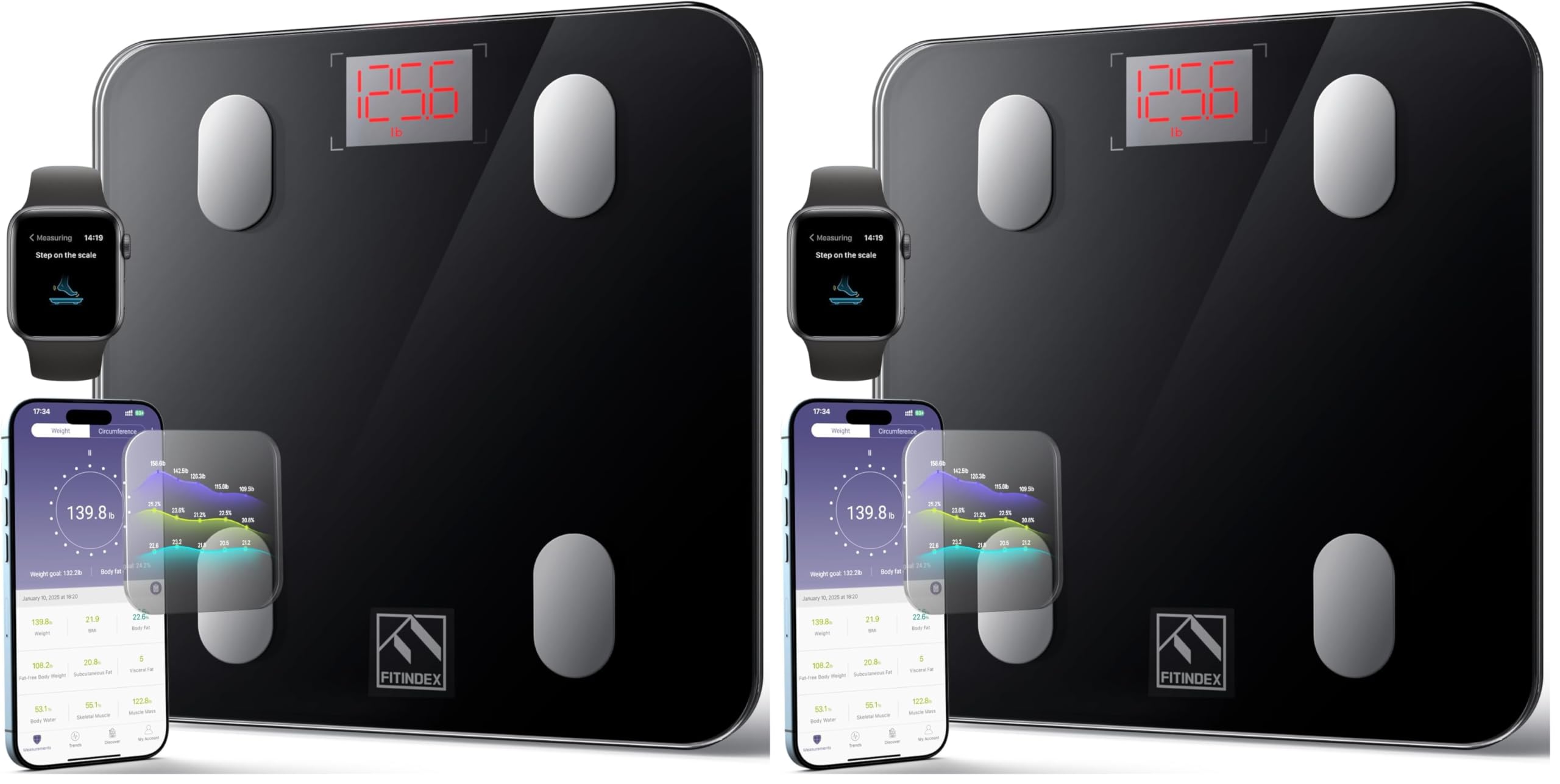 FITINDEX Digital Bathroom Scale, Accurate Body Composition Analyzer, Sync APP, Measures Weight up to 400 lbs - Black (Pack of 2)