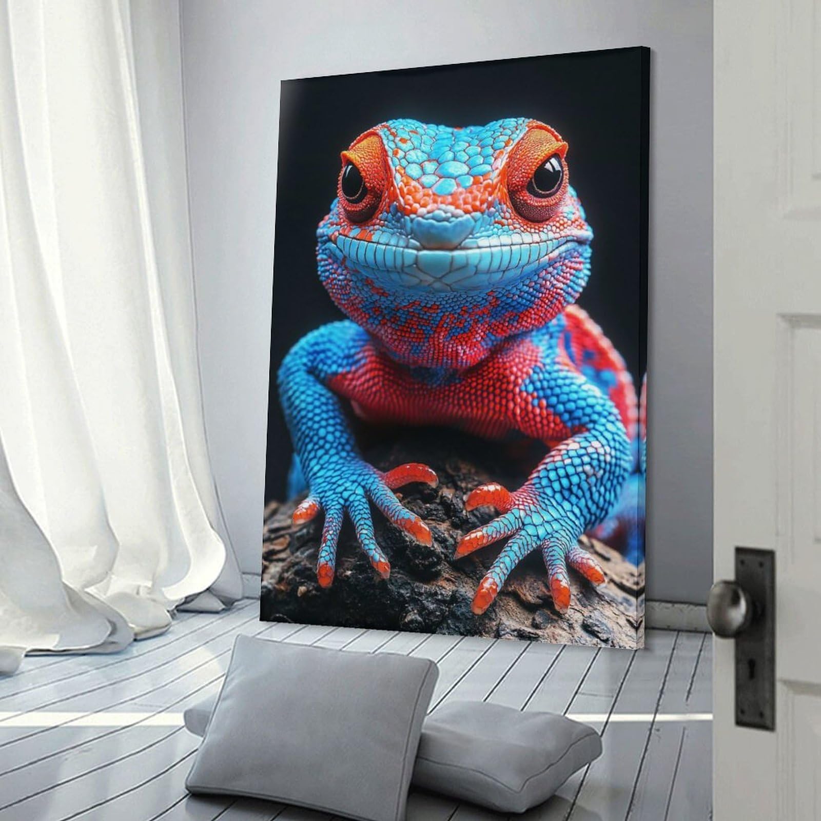Junmoney Frame-Style-10 Canvas Wall Decor Blue And Red Chameleon Portrait, 20X30inch(50X75cm), For Living Room, Bedroom, Office Or Hallway, Decorative Artwork With Broad Appeal