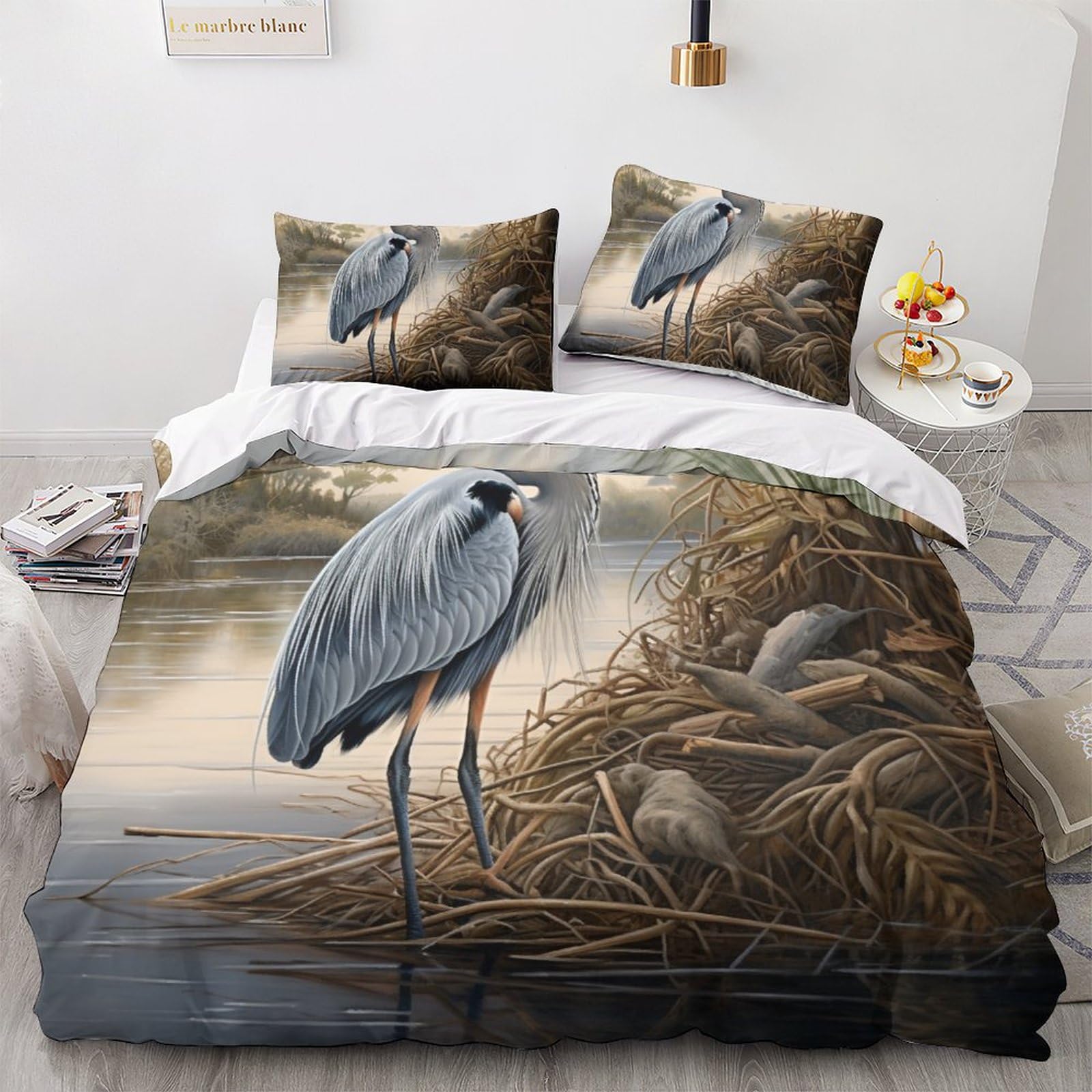 GEEYOU Immortal Crane Comfortable Bedding Set Hidden Zipper Heron Duvet Cover Set with Pillowcases Comforter Cover Soft Microfiber Quilt Cover Set Various Sizes Double（200x200cm）