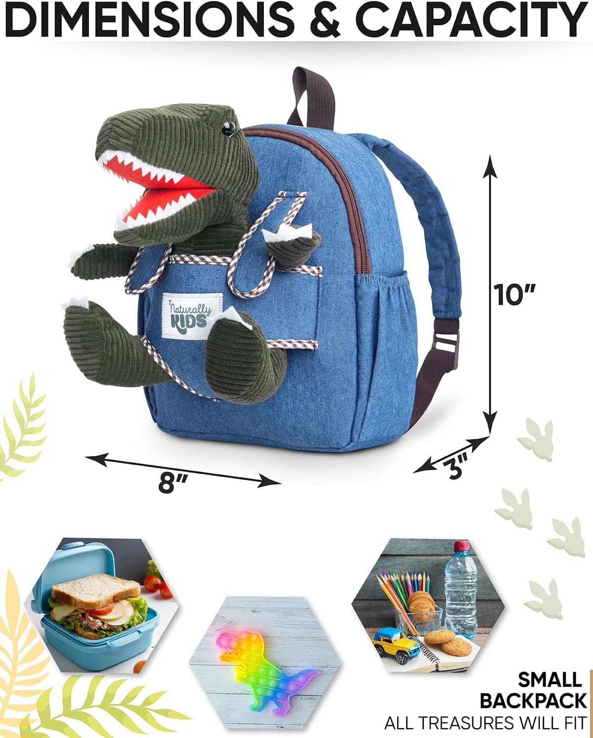 Naturally KIDS Mały plecak z dinozaurem, zabawki dla dzieci w wieku 3-5 lat, plecak dla malucha dla chłopca, dziewczynki, wypchane zwierzę - prezenty dla 3-letniego chłopca - w kieszenie i odblaskowe