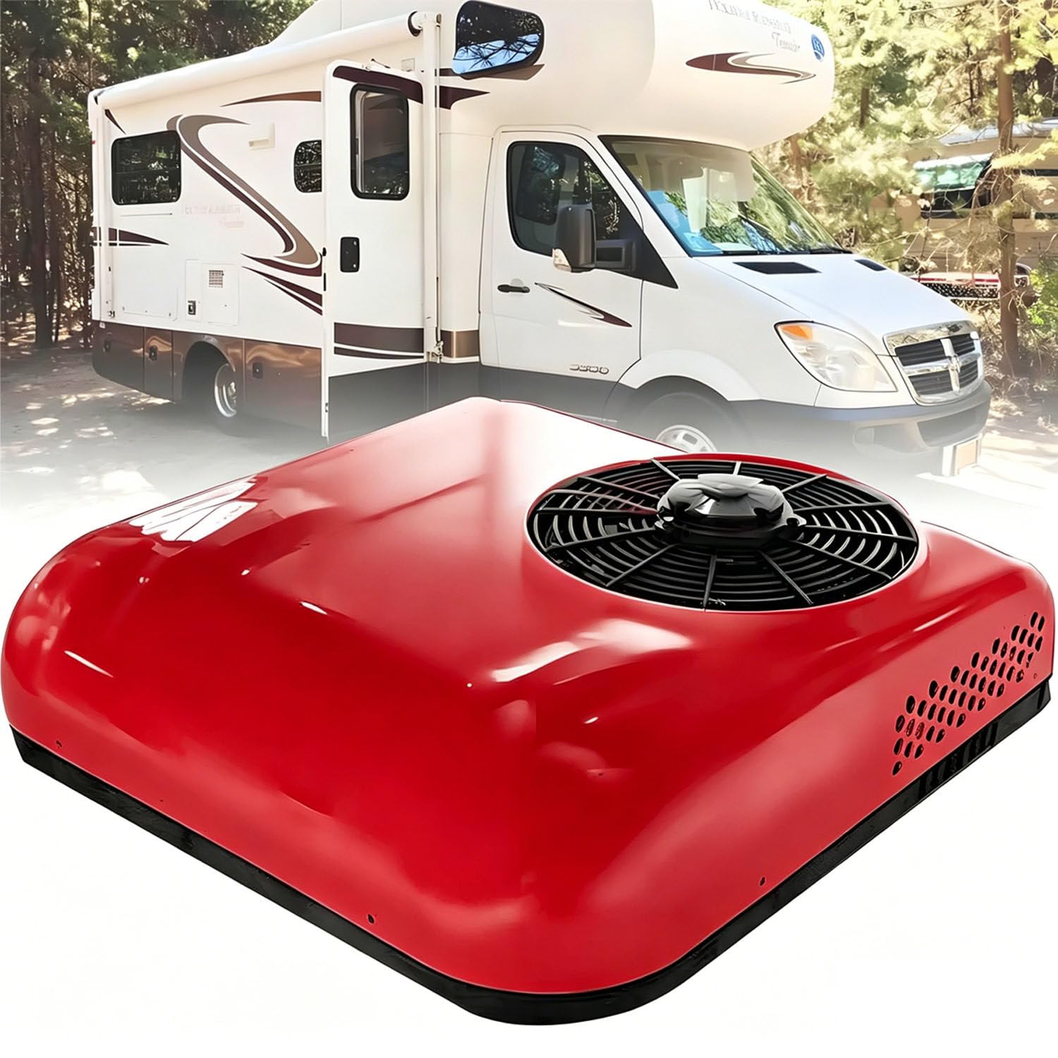COAKUE Low Power Quiet Camper A/C Unit, 12V/24V DC Rooftop Air Conditioner, Parking Air Conditioning, Slim Fit Design for Minivans Camper RV BUS Truck Vehicle Red-12V