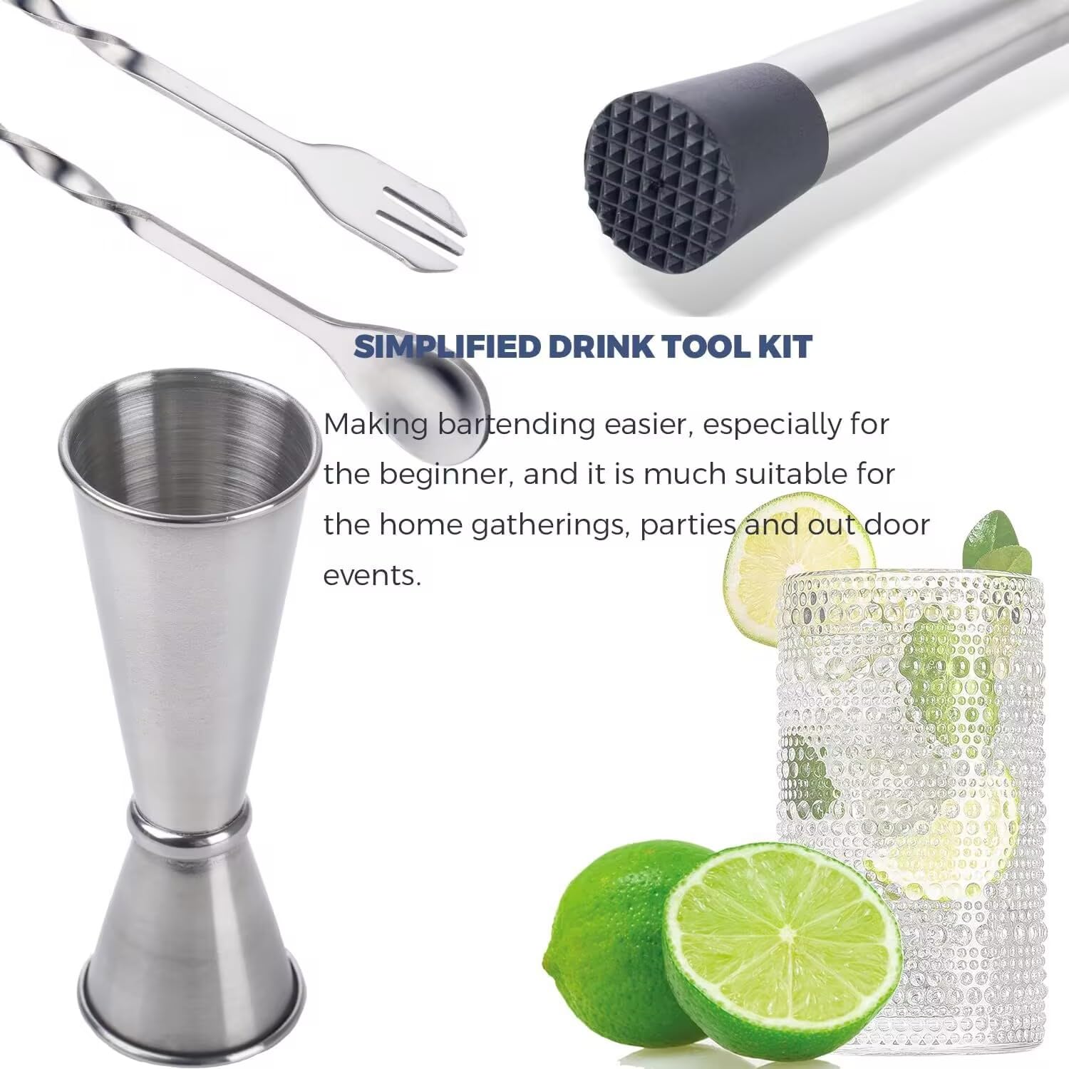 Juego de 3 herramientas de mezcla y muddler negro, 10 pulgadas, cuchara de cóctel de 12 pulgadas y doble jigger de 1 onza/2 onzas, juego de herramientas de barra para bebidas, accesorios de 4