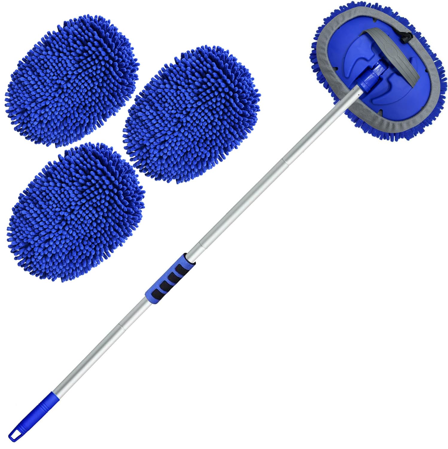Escova de Lavagem de Carro 62” com Cabo Longo - Kit de Mop de Microfibra Chenille para Limpeza Sem Riscos - Acessórios para Carros, RV e Caminhões com Cabeça Substituível