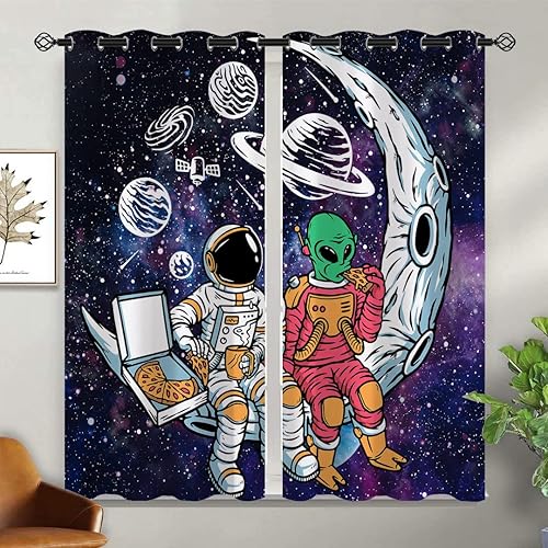 Miniatura 2 de Cortinas opacas de astronauta para niñas y niños, decoración del hogar, luna alienígena, fantasía, aventura, espacio, ojales, aislamiento térmico,
