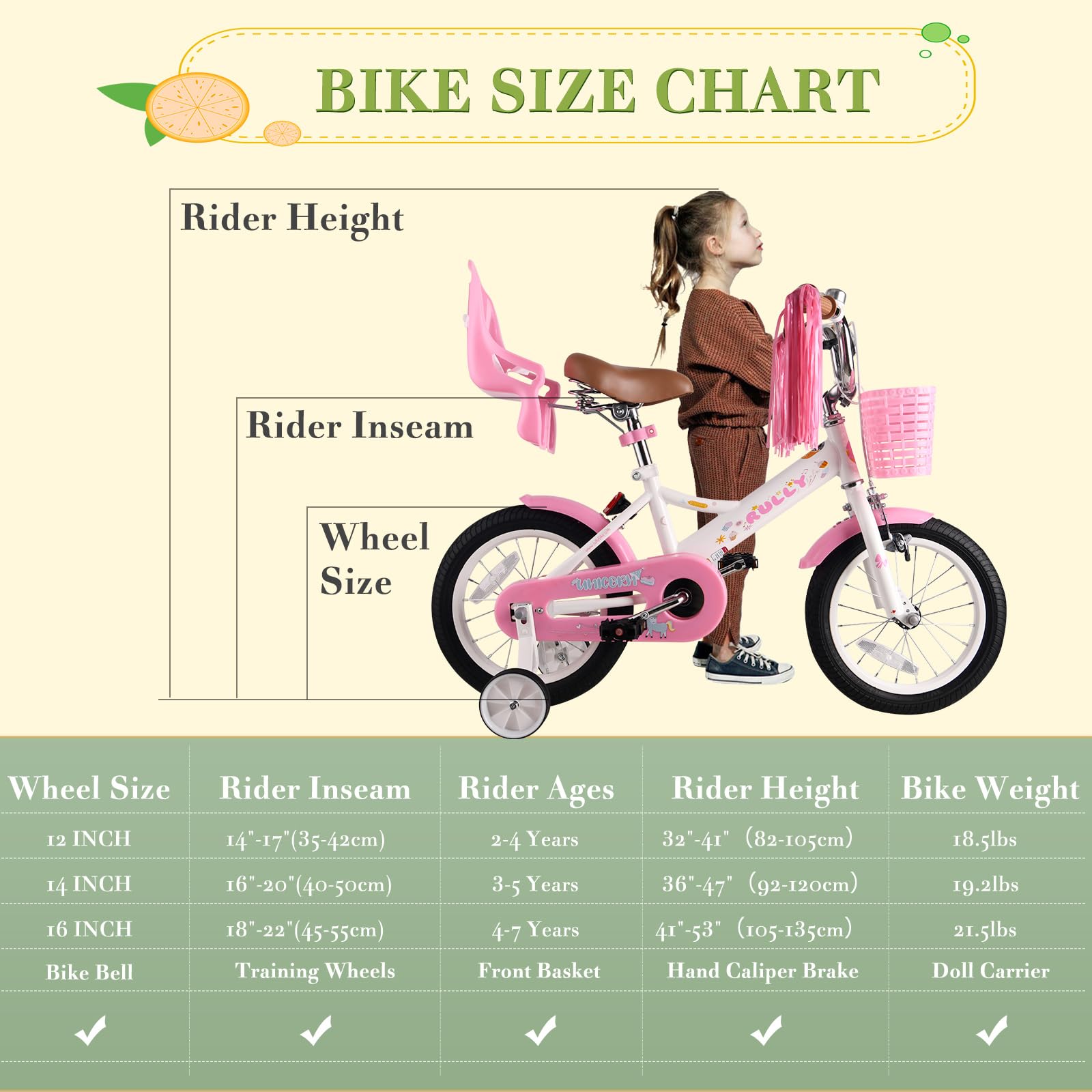 RULLY Vélo Enfant 16 Pouces pour Filles de 4 à 7 Ans, avec roulettes Stabilisatrices, Frein Avant, Panier, Rubans Décoratifs – Couleur Blanc