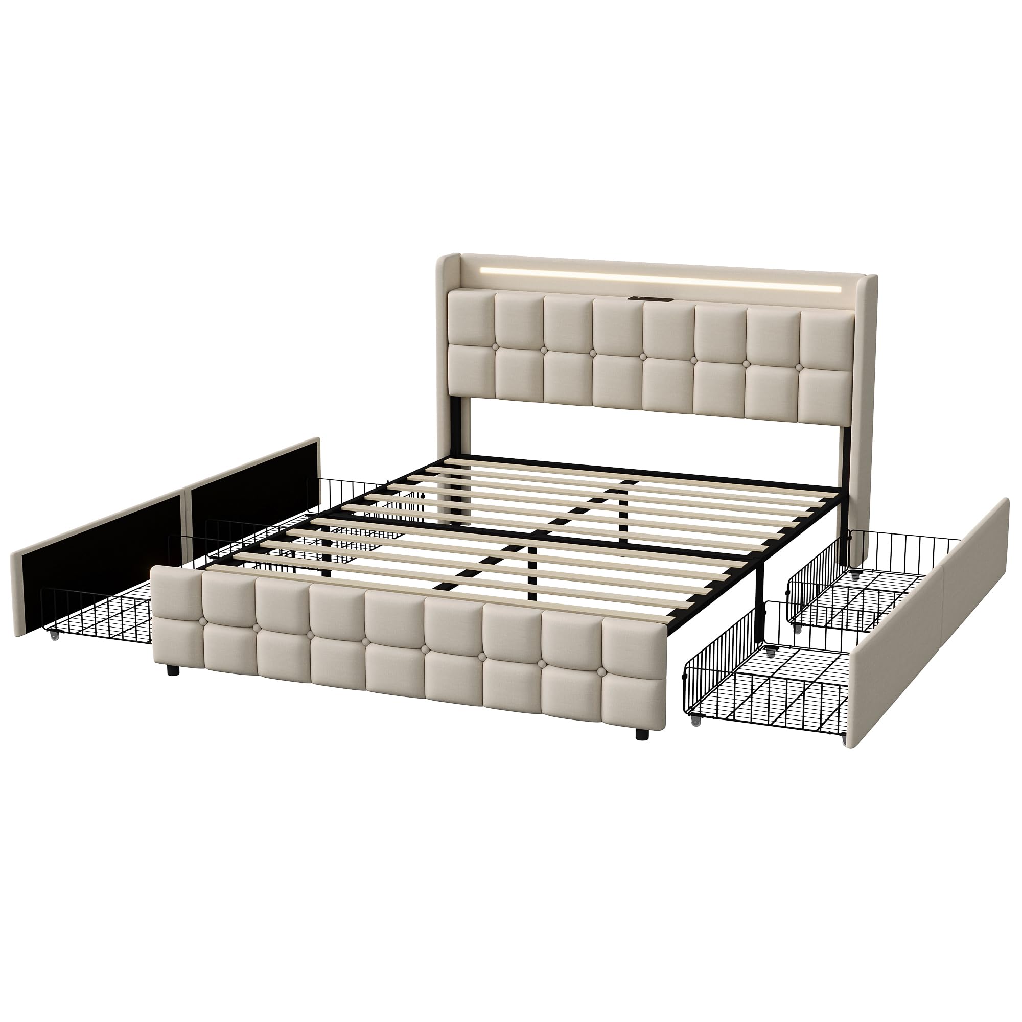Cama Tapizada 180x200, Cama Doble con 4 Cajones, Cama Doble Tapizada con Somier, Cama Acolchada con USB y Luz LED, Marco de Cama con Cabecero, Cama de Matrimonio (Beige, Lino A, 180 × 200 cm)