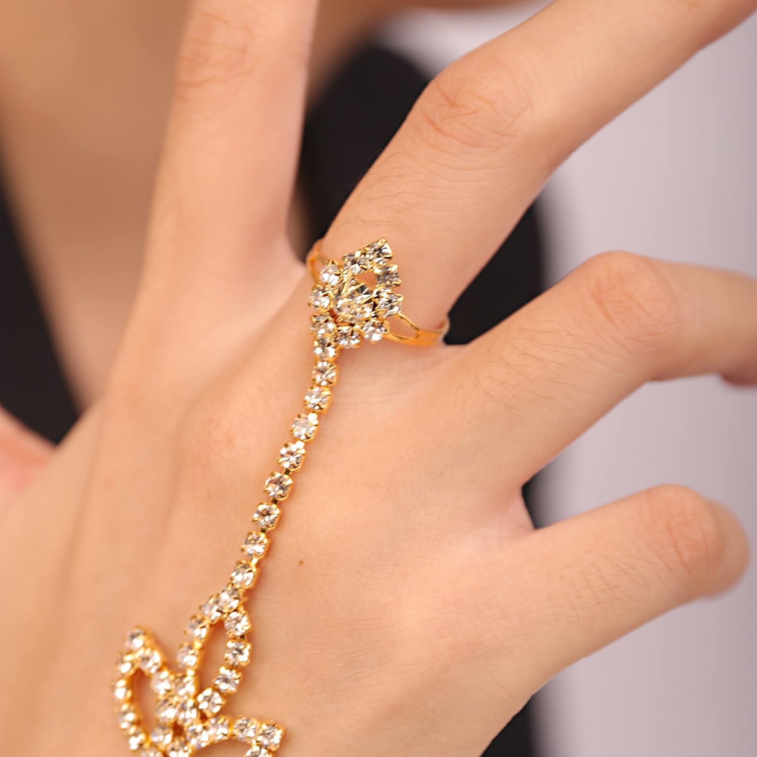 YERTTER Dainty Lotus Flower Rhinestone Crystal Hand Chain & Bracelet - Silver & Gold Finger Chain Link Bangle for Wedding Brides (Style 8) - Image 4