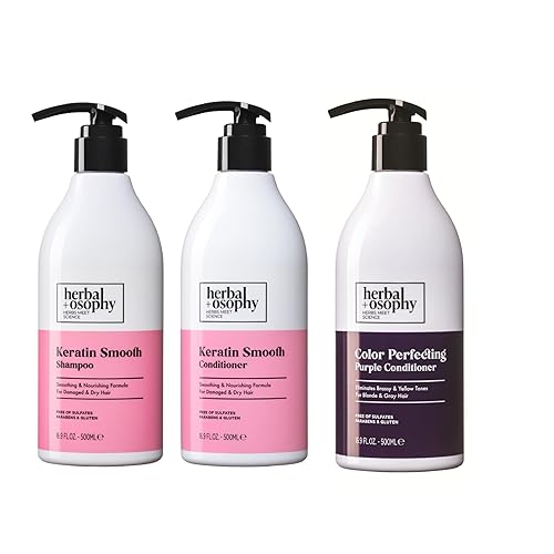 Juego de champú y acondicionador de queratina suave de 16.9 onzas líquidas con acondicionador morado de 16.9 onzas líquidas, libre de sulfato,