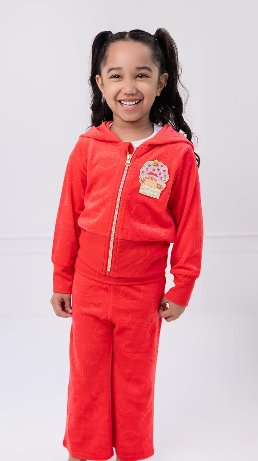 Strawberry Shortcake Velour Zip Up Hoodie and Flare Pants Outfit Set Toddler to Big Kid Sizes (4T - 10-12) - Image 2
