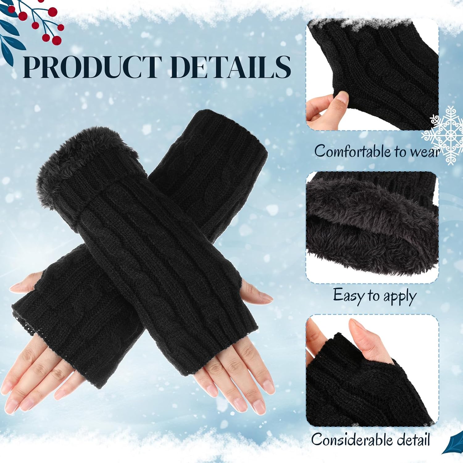 Cutecrop 1 Pair Black Arm Warmers for Woman Knit Fingerless Gloves Fleece Lined Arm Sleeves with Thumbhole, Long Cozy Mittens for Cold Weather Outdoor Indoor Use
