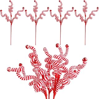 CCINEE 4 Pcs Christmas Woolen Bells Curly Pick,Red White Candy Picks Christmas Tree Ornaments Bell Shape for Xmas Party Supplies Anniversaries Home Decoration Vase Filler