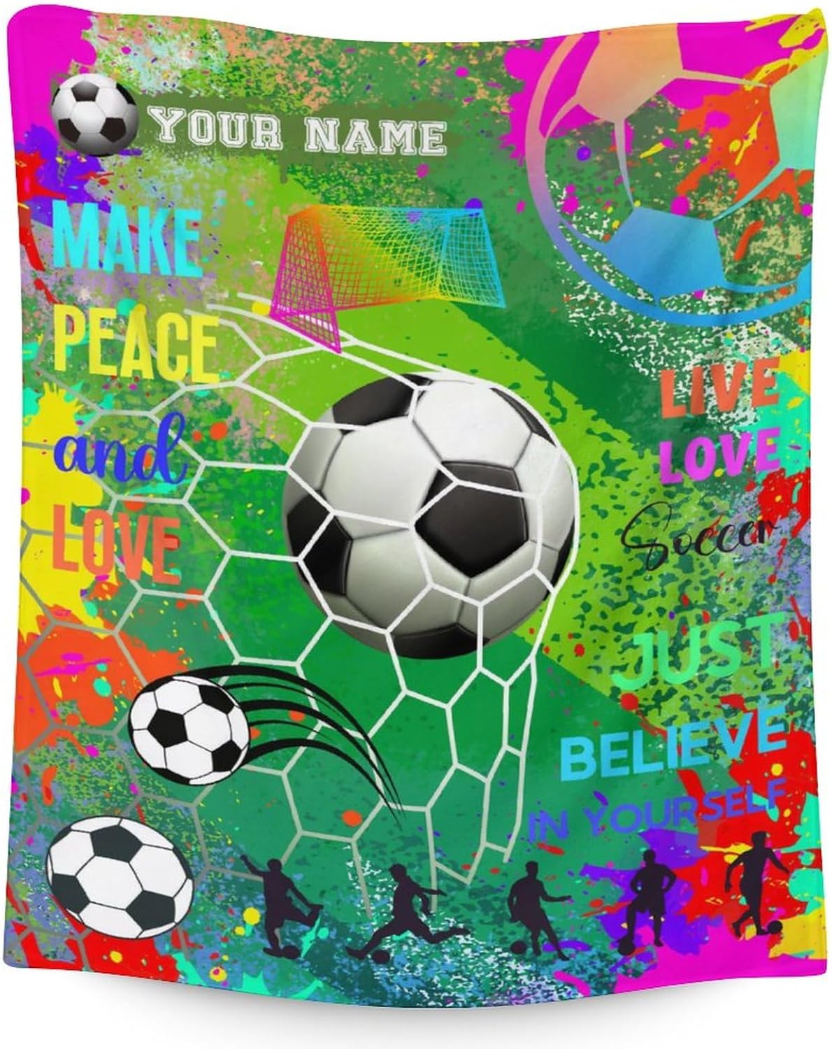 Personalized Soccer Blanket Gifts with Name - 50"x60" Sports Throw Blanket for Girls - Black Soft Fuzzy Blankets for Bed, Couch & Living Room