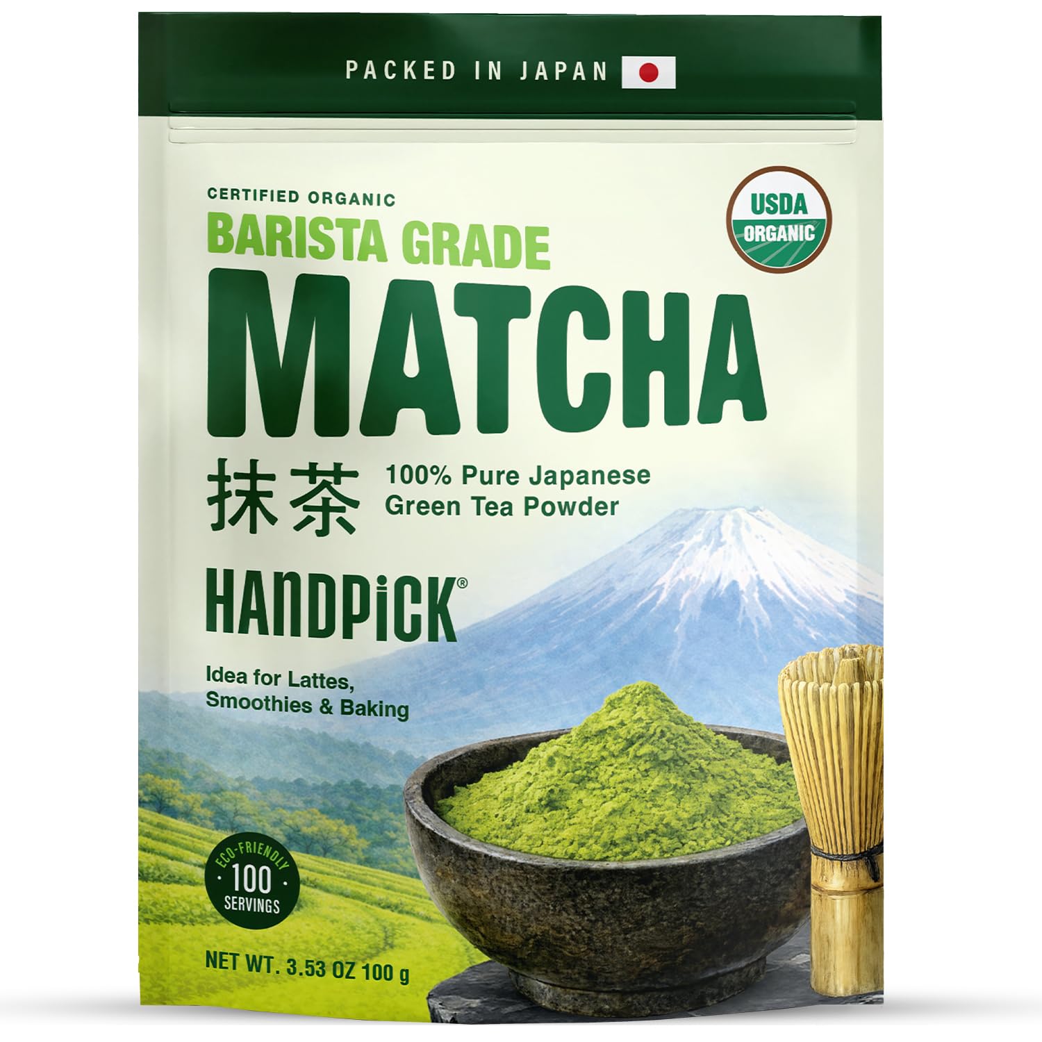 Japanese Organic Matcha Green Tea Powder (100 Servings) - Sourced from Japan | Authentic Premium Harvest | Resealable Ziplock Pouch
