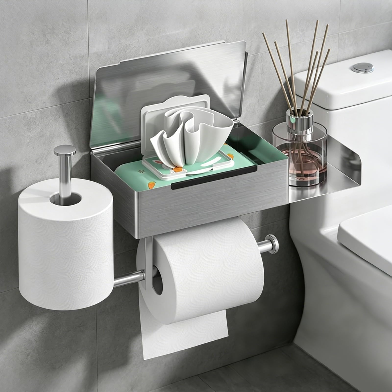 Toilet Roll Holder with Shelf, Self-Adhesive Stainless Steel Toilet Paper Holder with Wet Wipes Box & Phone Shelf, No Drilling Wall Mounted Bathroom Organiser