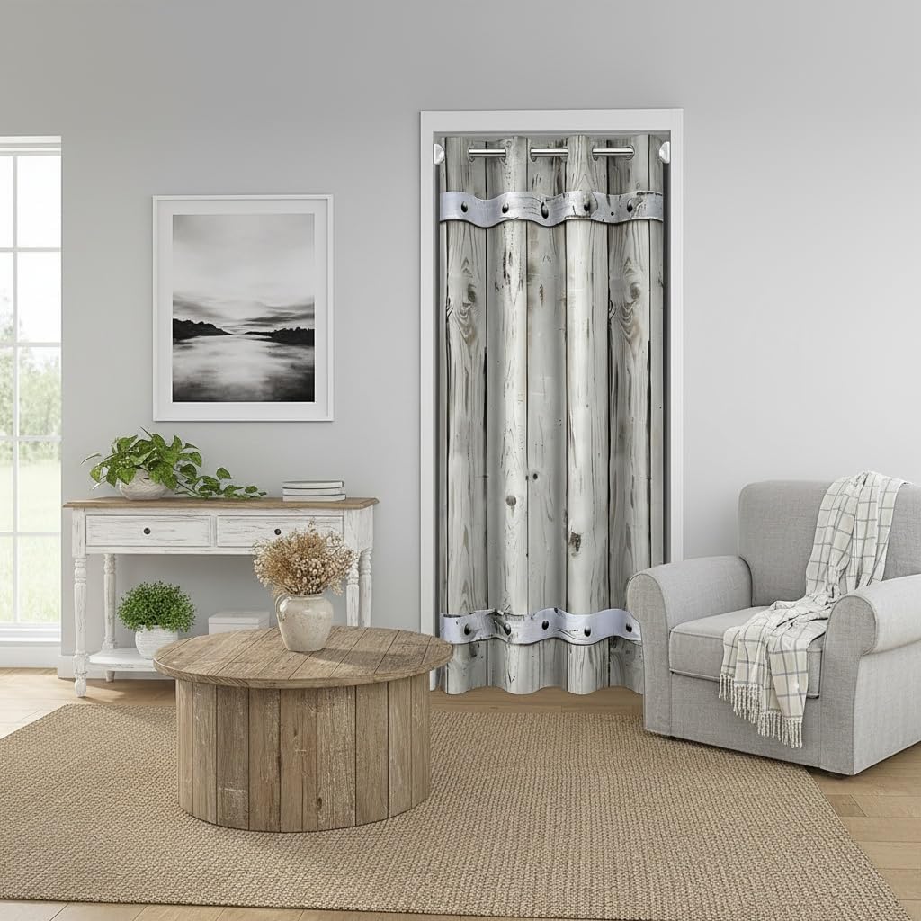 Rustic Wood Door Curtain,Barn Rural Village Farm Room Divider Door Cover for Kids Adults Privacy,Rustic Farmhouse Wooden Door Closet Door Cover Curtains for Bedroom Living Room 1 Panel,34"W X 80"L