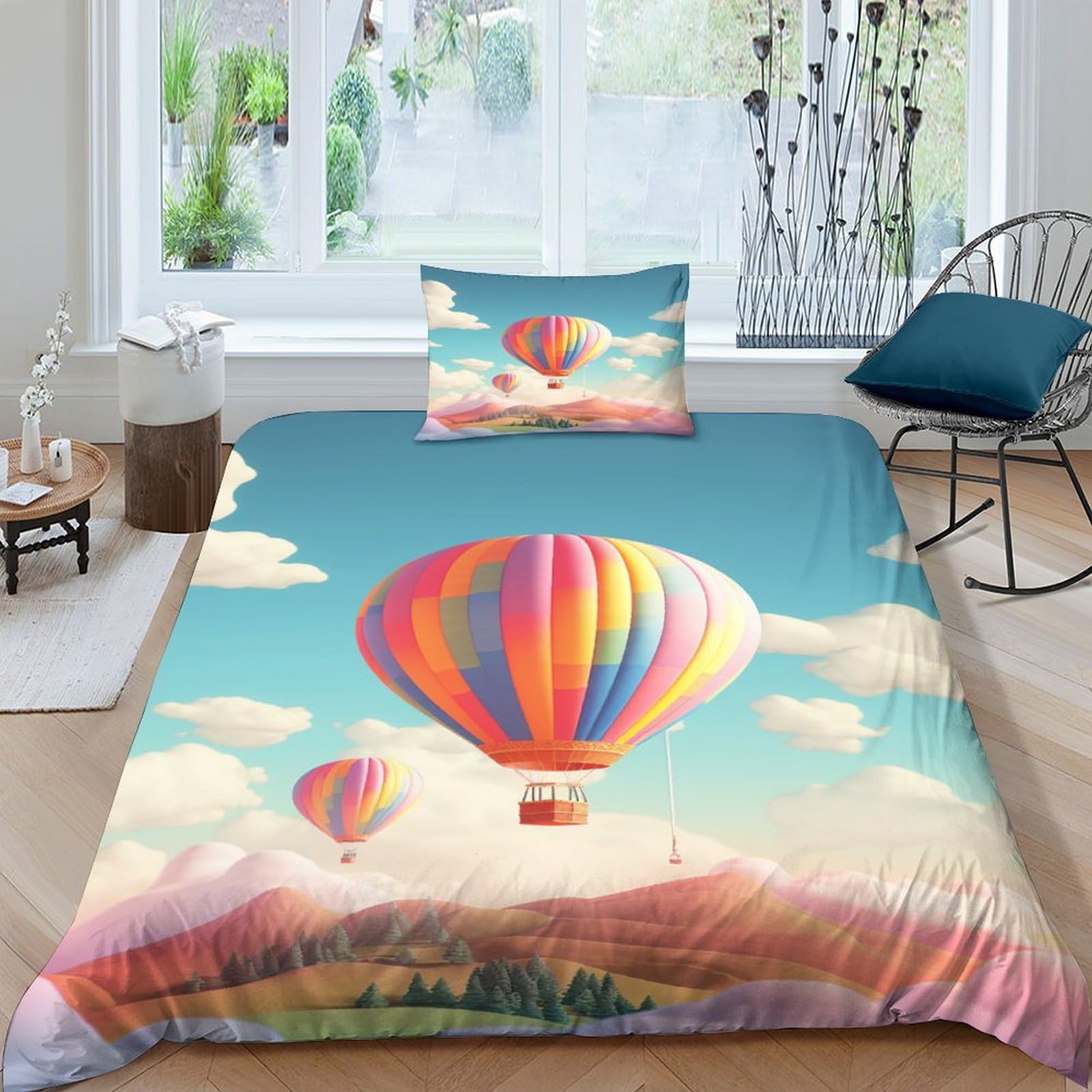 Housse de couette montgolfière pour lit enfant 135x200 cm avec taie d'oreiller