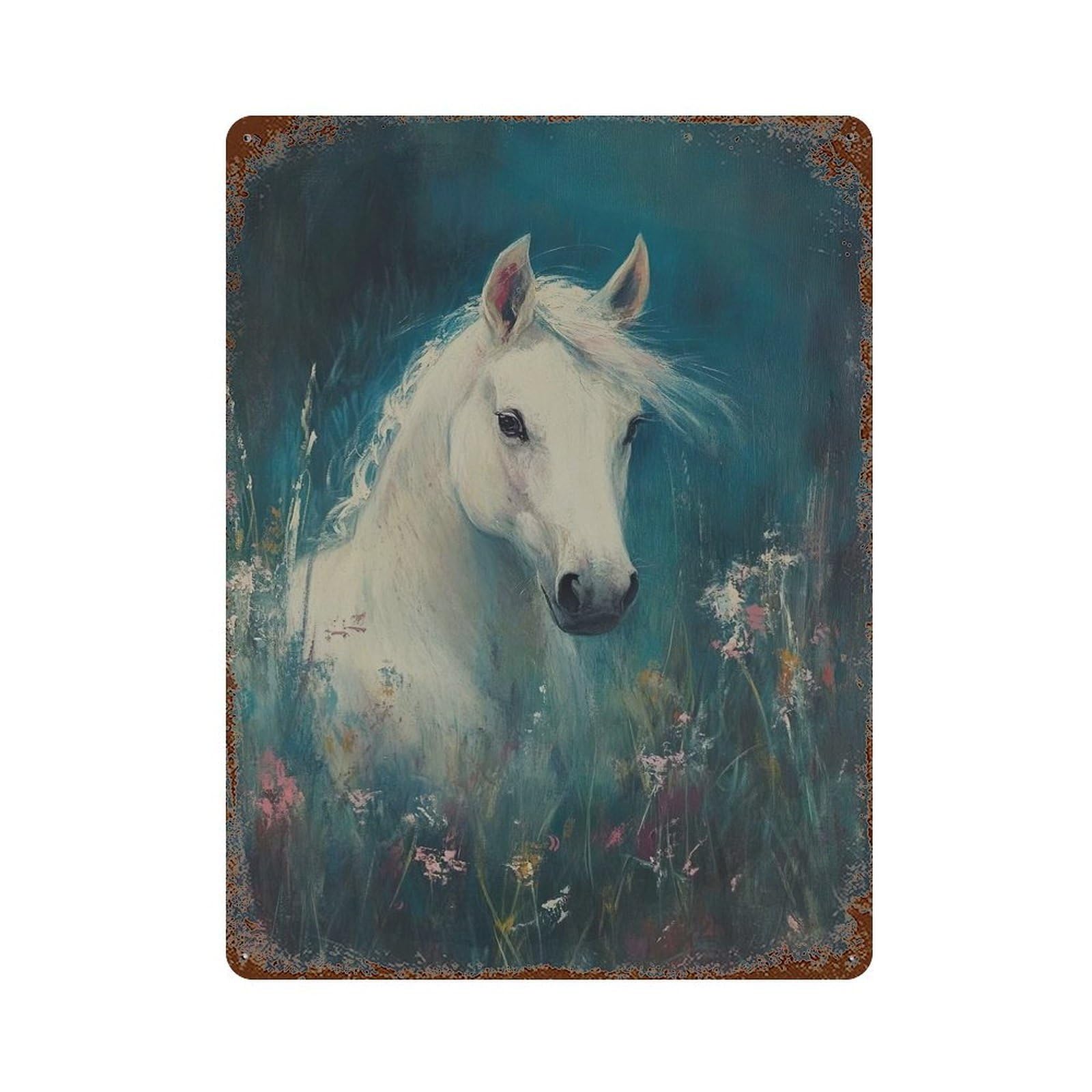 Garage Style White Horse in Meadow Rust Effect Tin Sign 15.7"x11.8", Vintage Wall Decor for Bar And Workshop