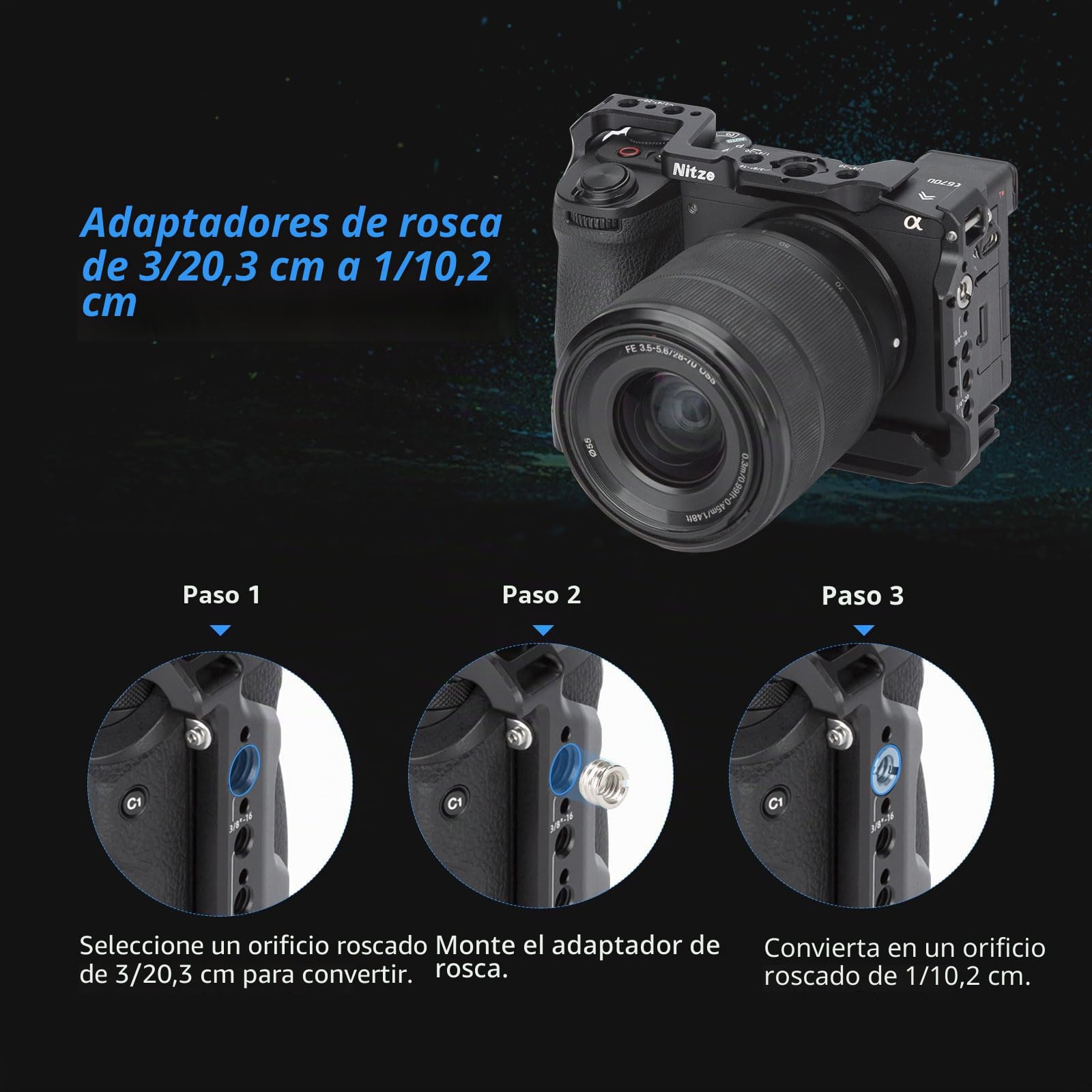Nitze A6700 Cage, Jaula para Sony Alpha 6700 Cámara con Abrazadera para Cold Shoe Incorporado, NATO Rail y Placa de Liberación Rápida Arca - T-S12A