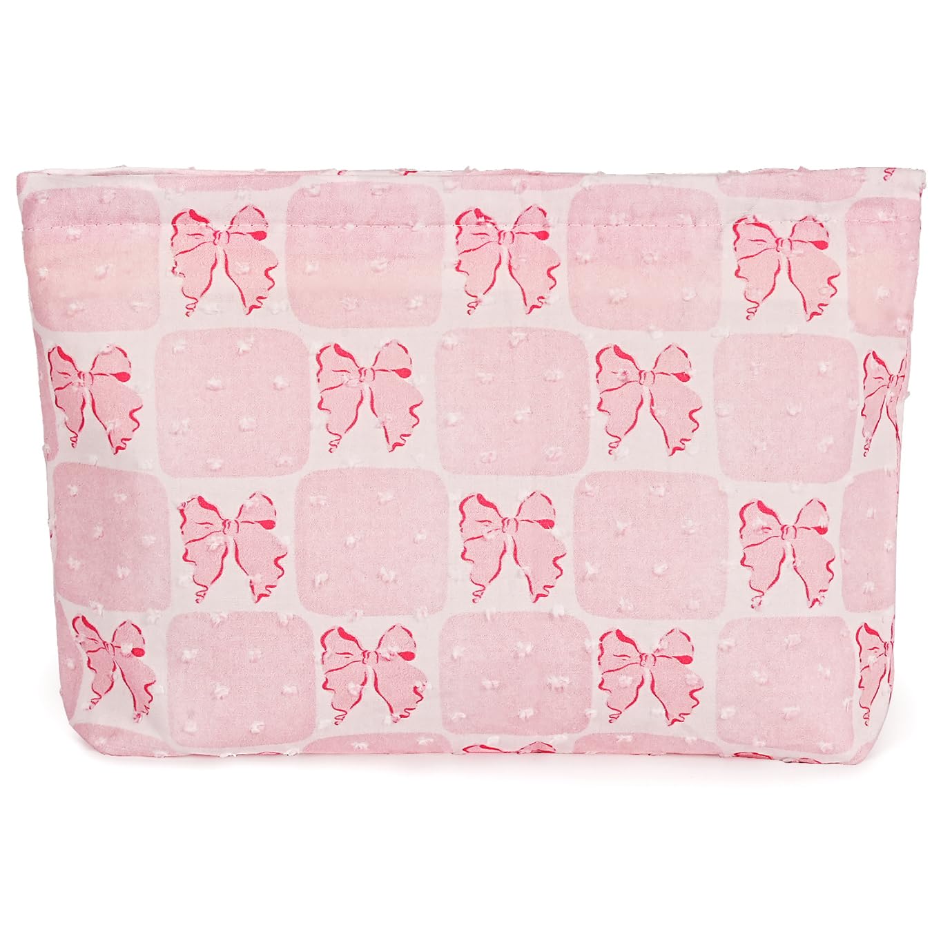 Large Makeup Bag for Purse Pink Grid Bow Cosmetic Bag for Women Girls Cute Pink Bowknot Canvas Travel Toiletry Bag Organizer