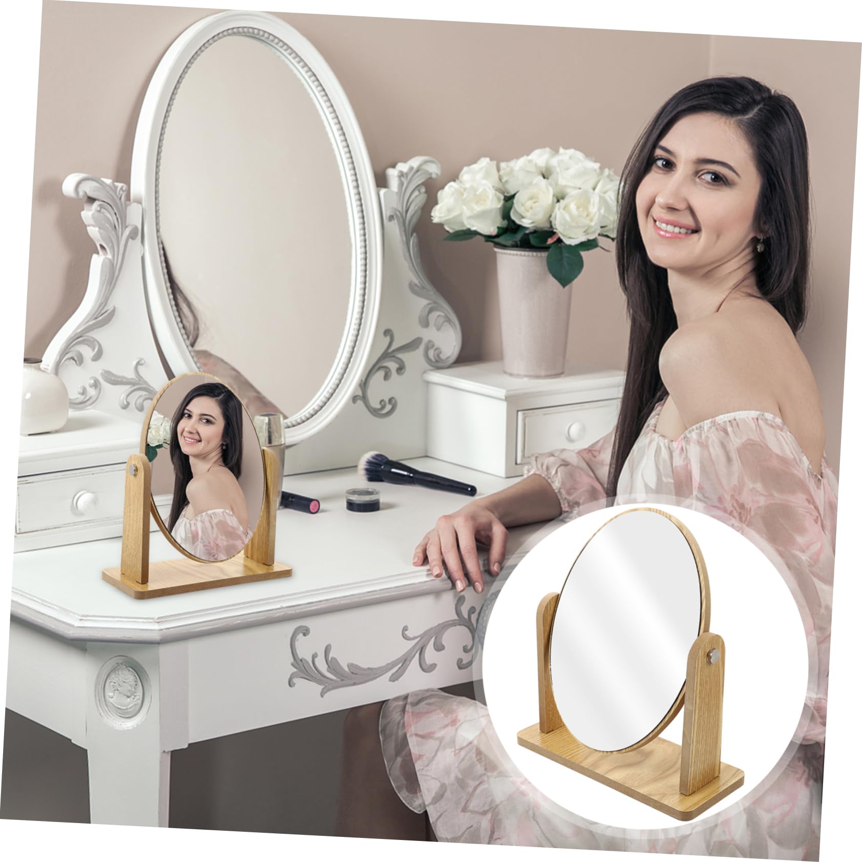 Specchio Da Scrivania in Legno Ovale Girevole Per Trucco Supporto, Specchio Cosmetico Da Tavolo Per Cura Della Pelle, Accessorio Per Donne e Viaggiatori