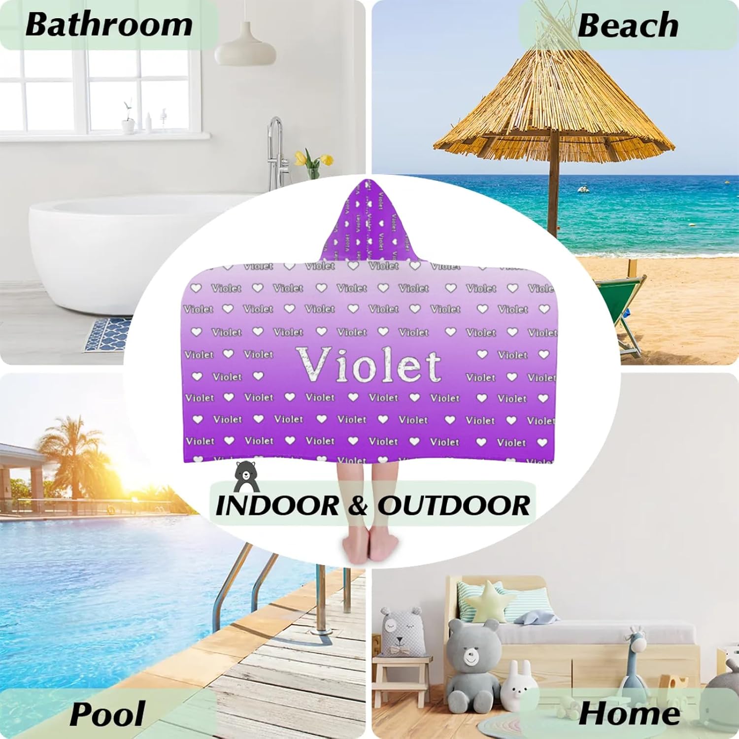 Custom Kids Hooded Beach Towel Personalized Beach Towels with Names, Microfiber Quick Dry Custom Beach Towels with Hood, Sand Free Pool Towels Soft Bath Towels, Purple Gradient