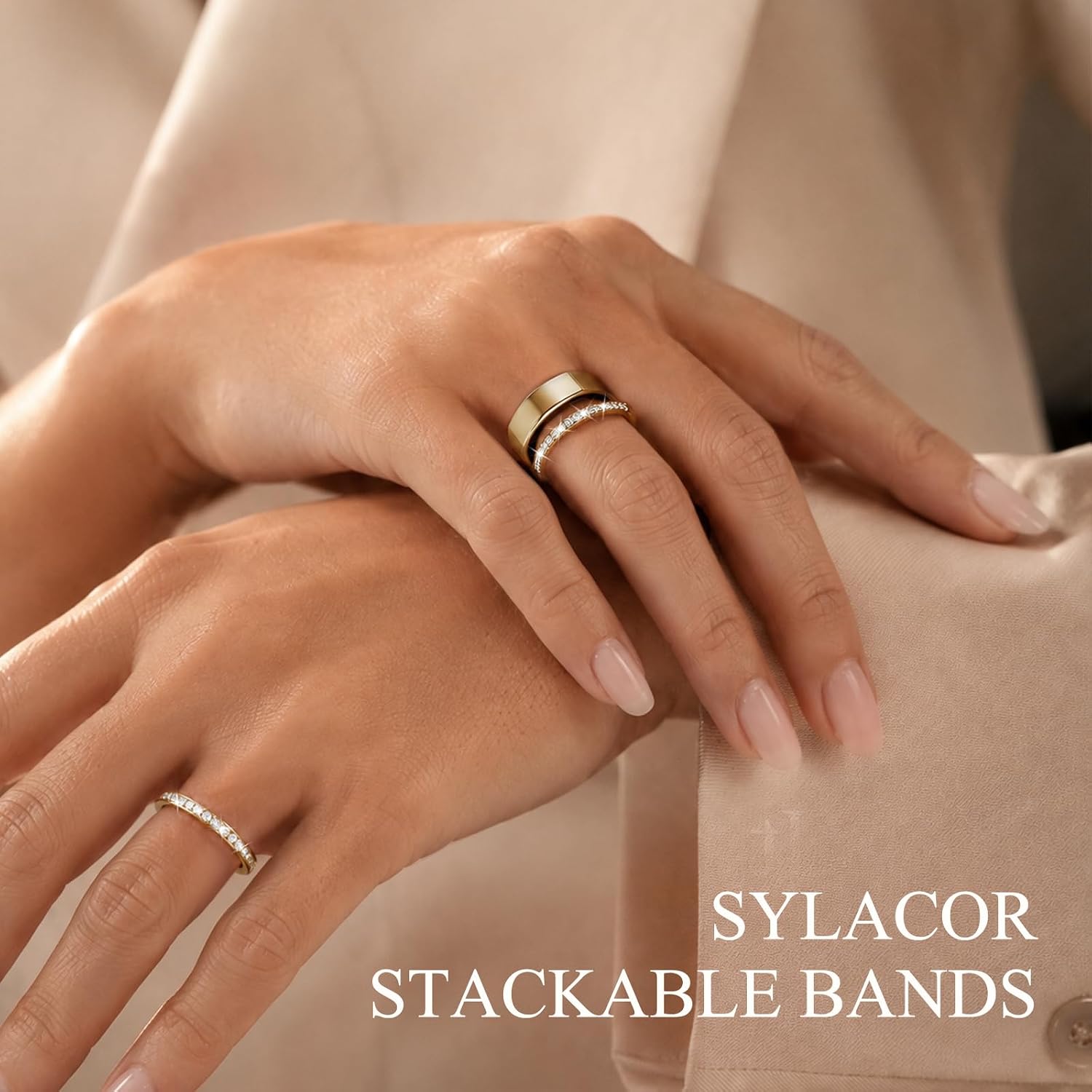2-Pack 18K Gold Plated Stackable Bands for Oura Ring 5, Cubic Zirconia Simulated Diamond Stacking Rings Accessories for Oura Ring Women