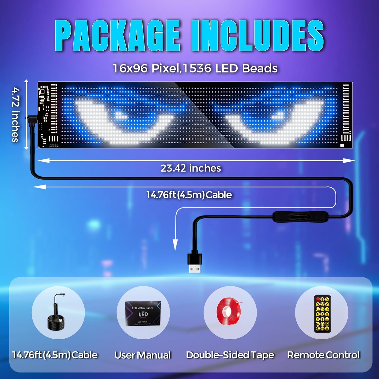 Scrolling Advertising Programmable LED Signs-23''x5'' Flexible USB 5V, App Control Custom Text Pattern Animation Programmable Flexible Display Panel for Store/Car/Bar/Party/Festival (16x96 LED)