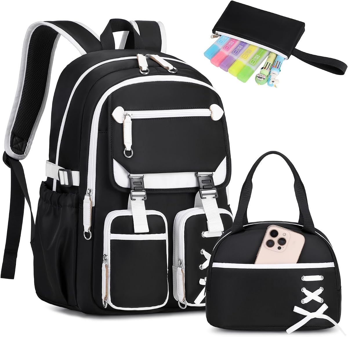 Girls Backpack with Lunch Box & Pencil Case for Kids Teens Bookbag for Elementary Primary Middle High School Daypack