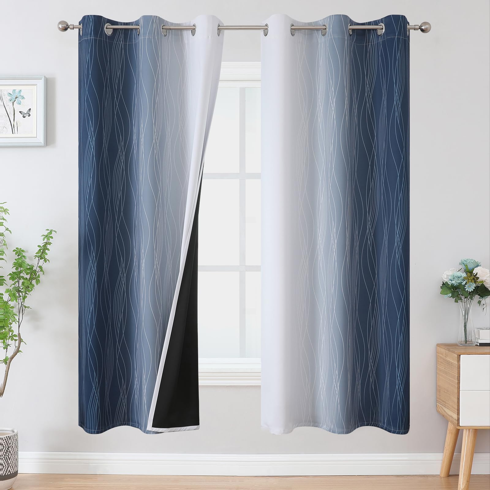 VEHEDE Navy Blue and Greyish White Gradient Blackout Curtains 54 Inch Drop for Bedroom Wave Stripe Thermal Insulated Printed Ombre Room Darkening Drapes for Living Room W42 x L54 Inch