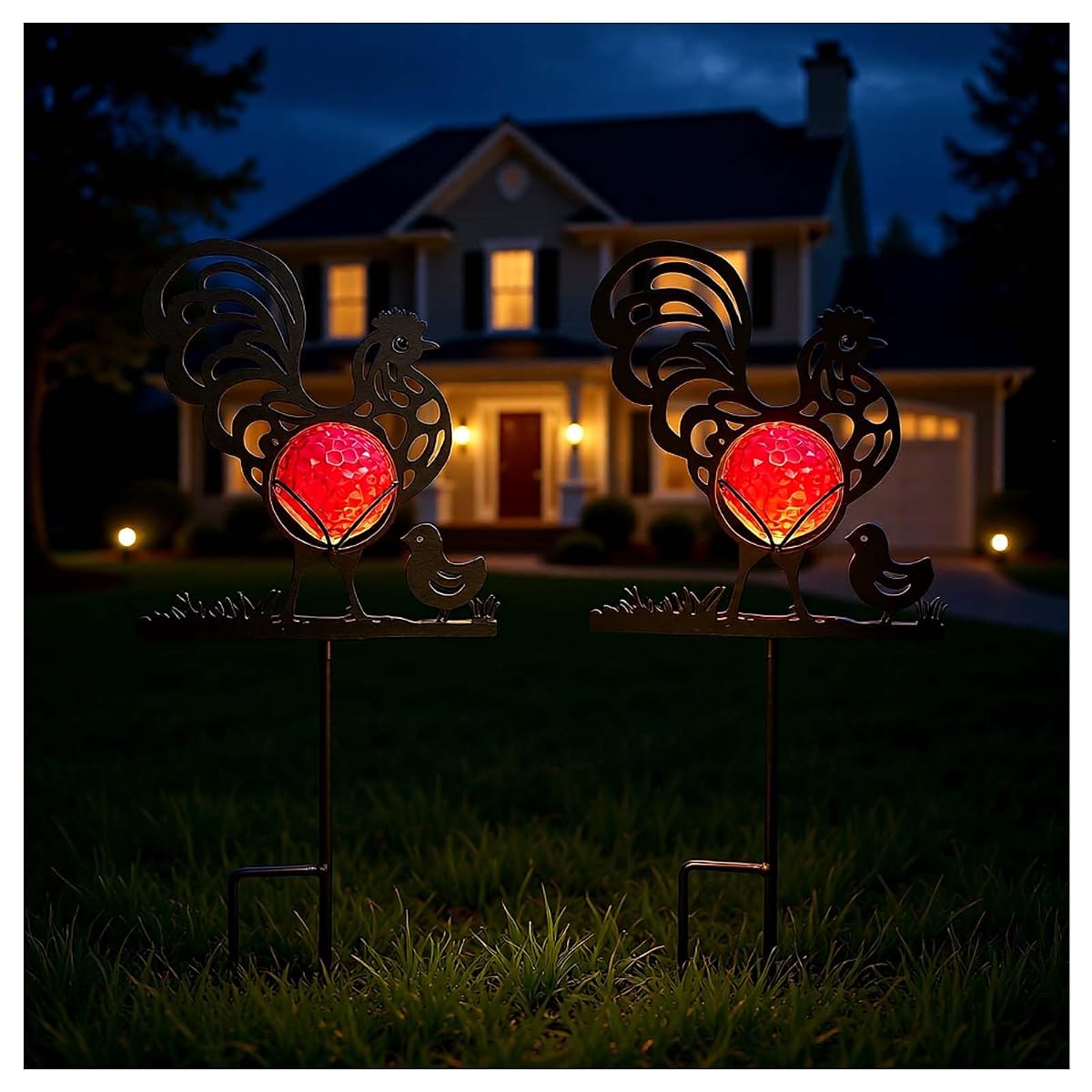 Ptxbeemyd Rooster Solar Lights Outdoor Decorations, 2 Pack Metal Iron Solar