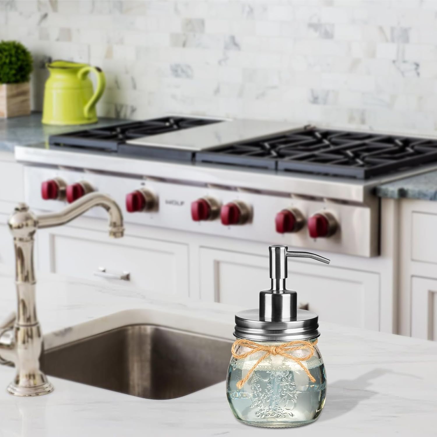 Amolliar 10 OZ Mason Jar Liquid Soap Dispenser, Stainless Steel Pump, Cute Farmhouse Decor, Refillable Hand Soap Dispenser, Silver 1 Pack With Apothecary Jars Bathroom Storage Organizer, 2-Pack(Gold) image 4