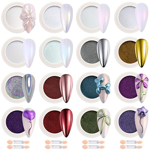 Chrome Nail Powder Set, 16 Colors Mirror Metallic Effect for