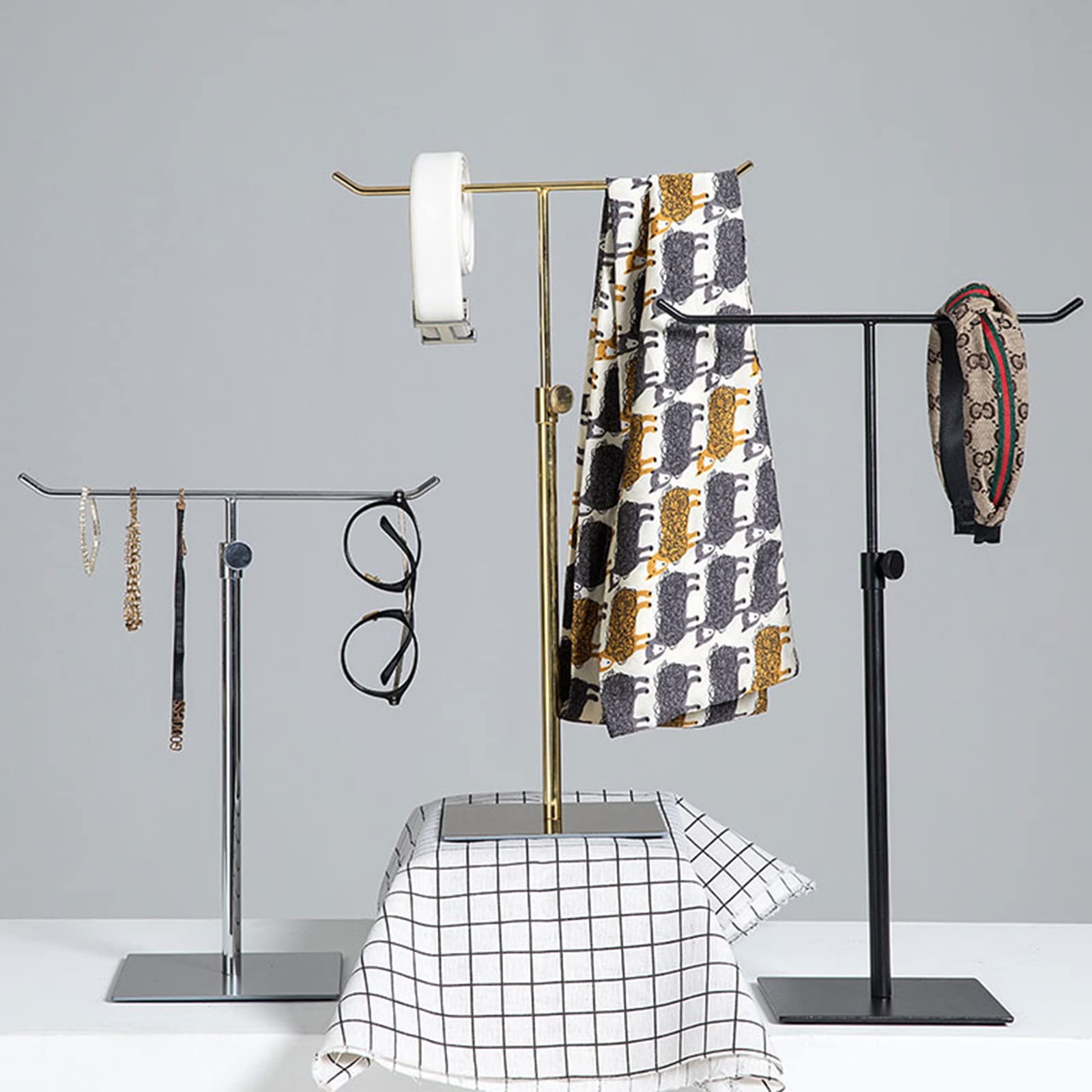 UWYTGF Adjustable Closet Scarf Hanger and Bag Display Rack,Floorstanding T-Shape Accessories Holder Stand for Ties Belt Shawls Towels Purse Handbag Organizer,Silver